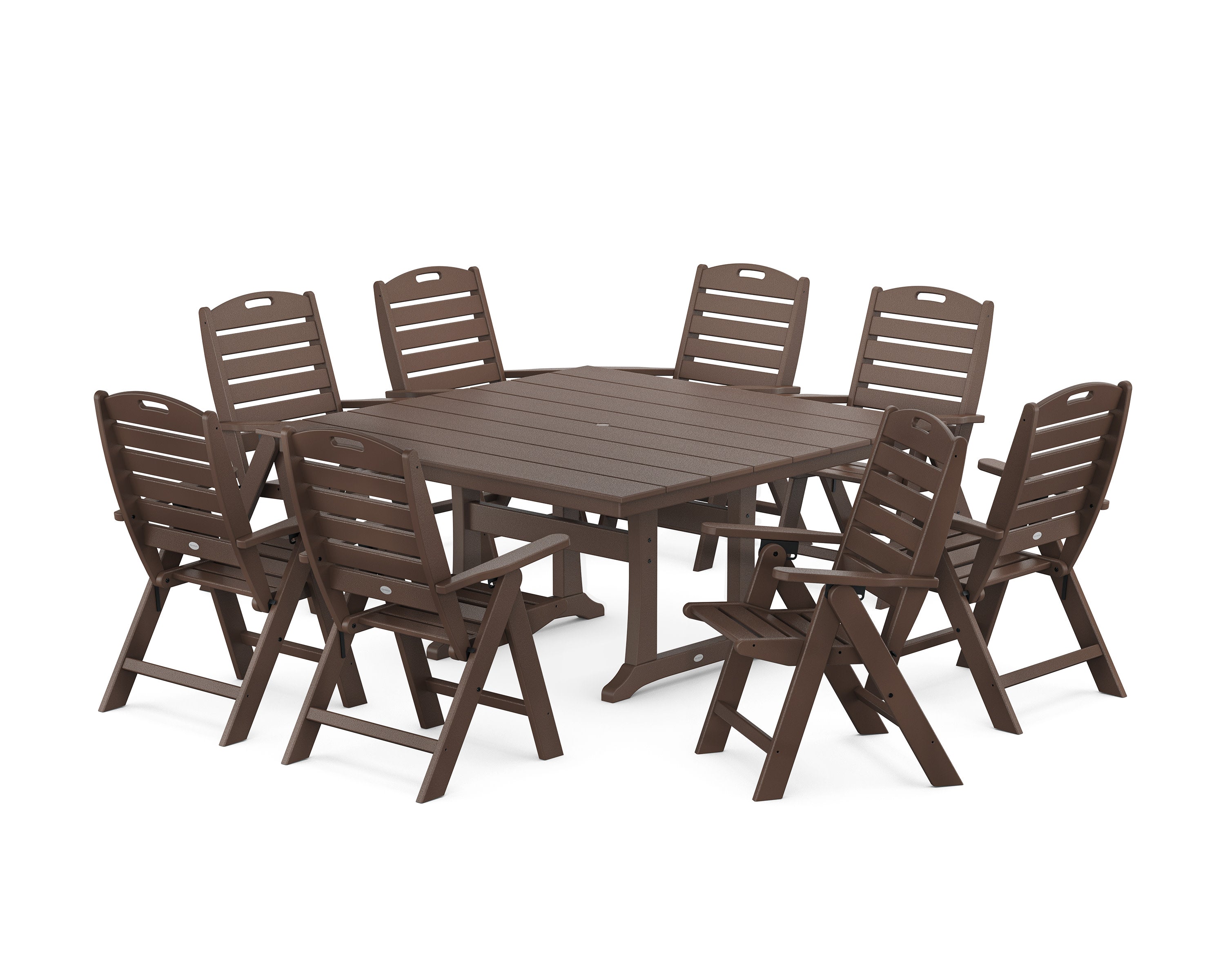 Nautical Highback 9-Piece Square Farmhouse Dining Set with Trestle Legs in Mahogany