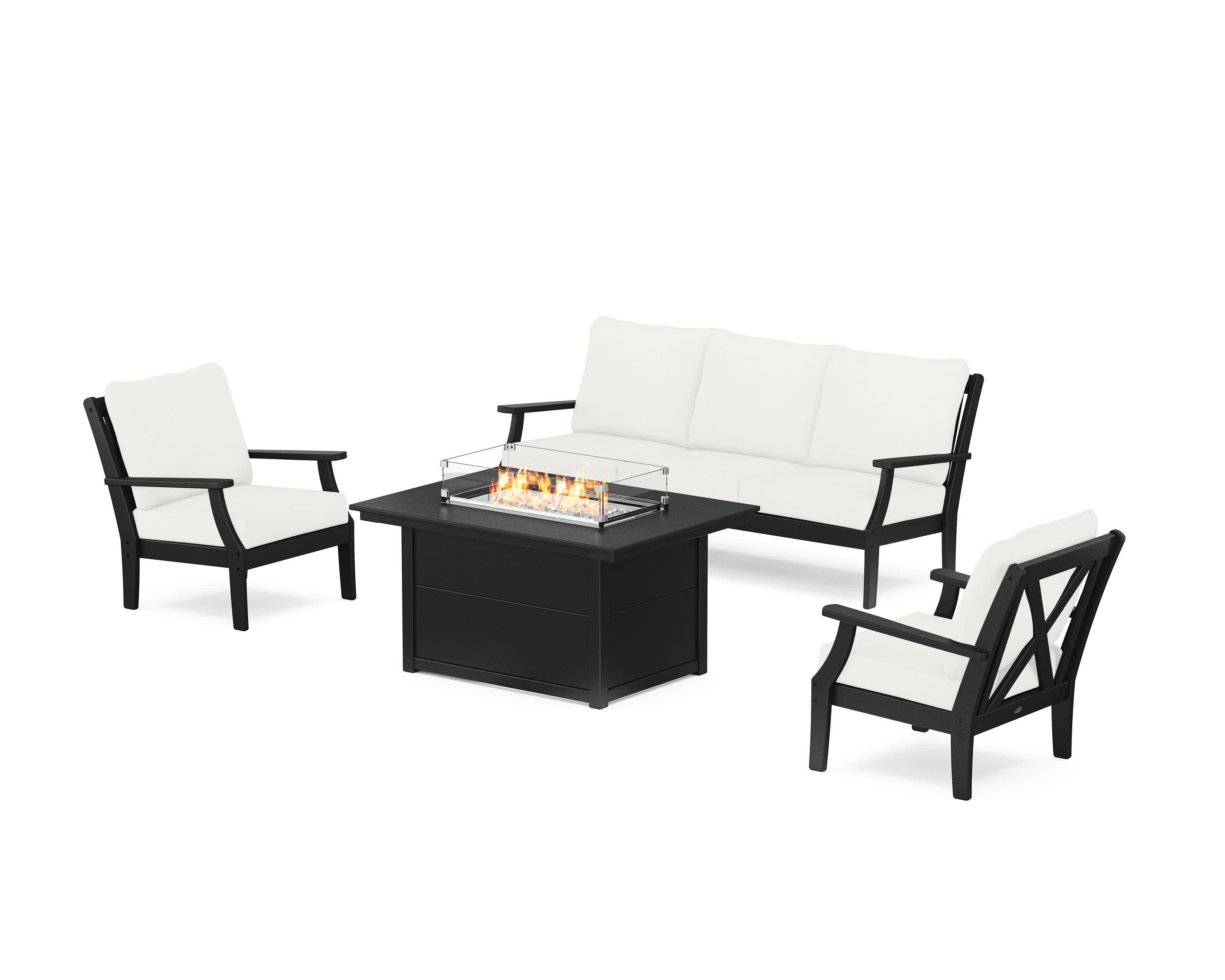 Braxton Deep Seating Fire Pit Table Set in Black / Natural Linen
