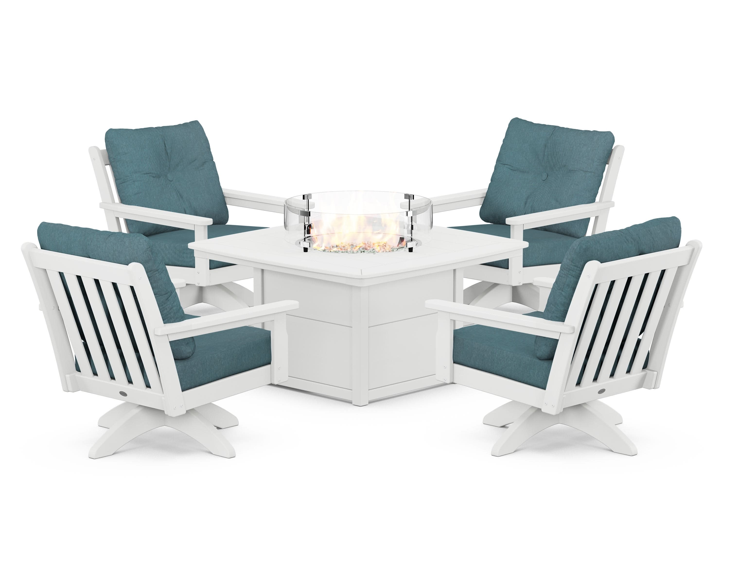 Vineyard 5-Piece Deep Seating Swivel Conversation Set with Fire Pit Table in White / Ocean Teal