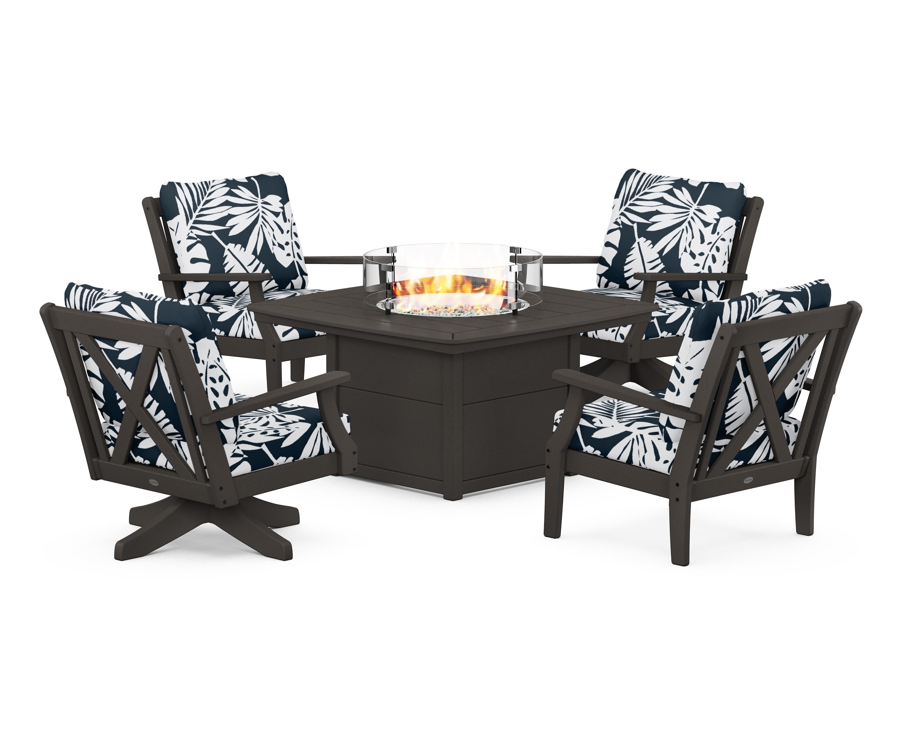 Braxton 5-Piece Deep Seating Set with Fire Table in Vintage Coffee / Leaf Marine Indigo