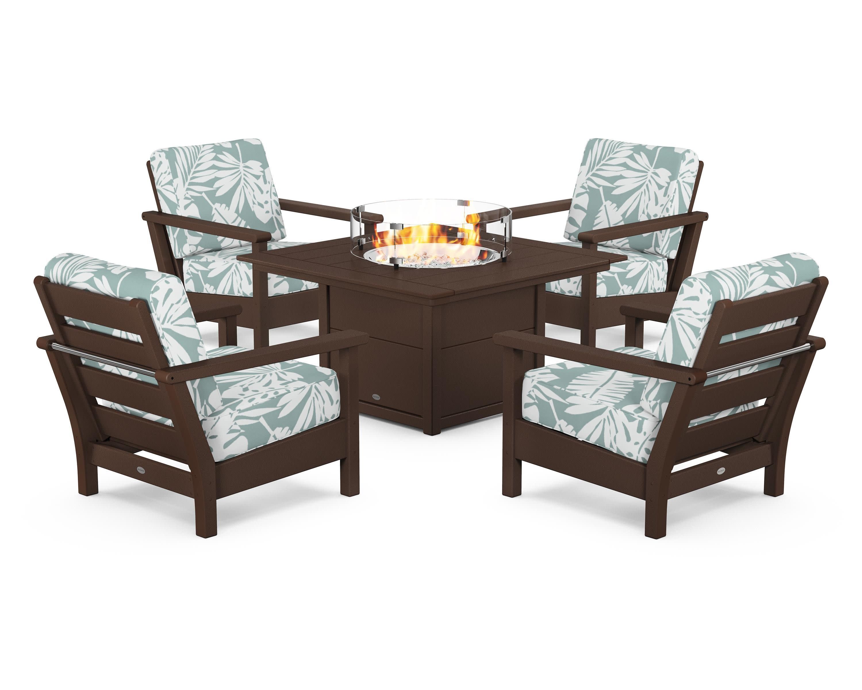 Harbour 5-Piece Conversation Set with Fire Pit Table in Mahogany / Leaf Glacier Spa