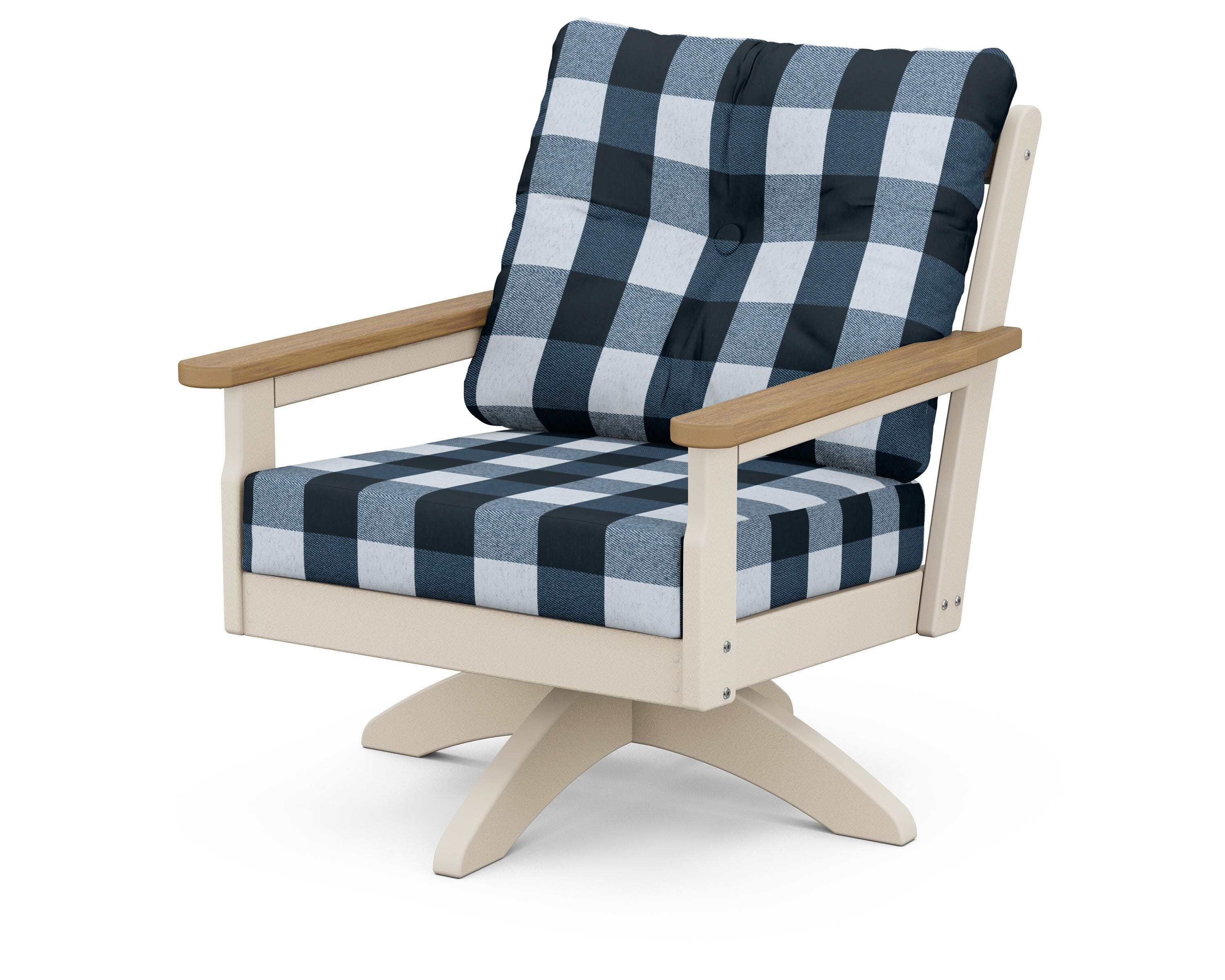 Vineyard Deep Seating Swivel Chair in Sand / Natural / Buffalo Plaid Marine Indigo