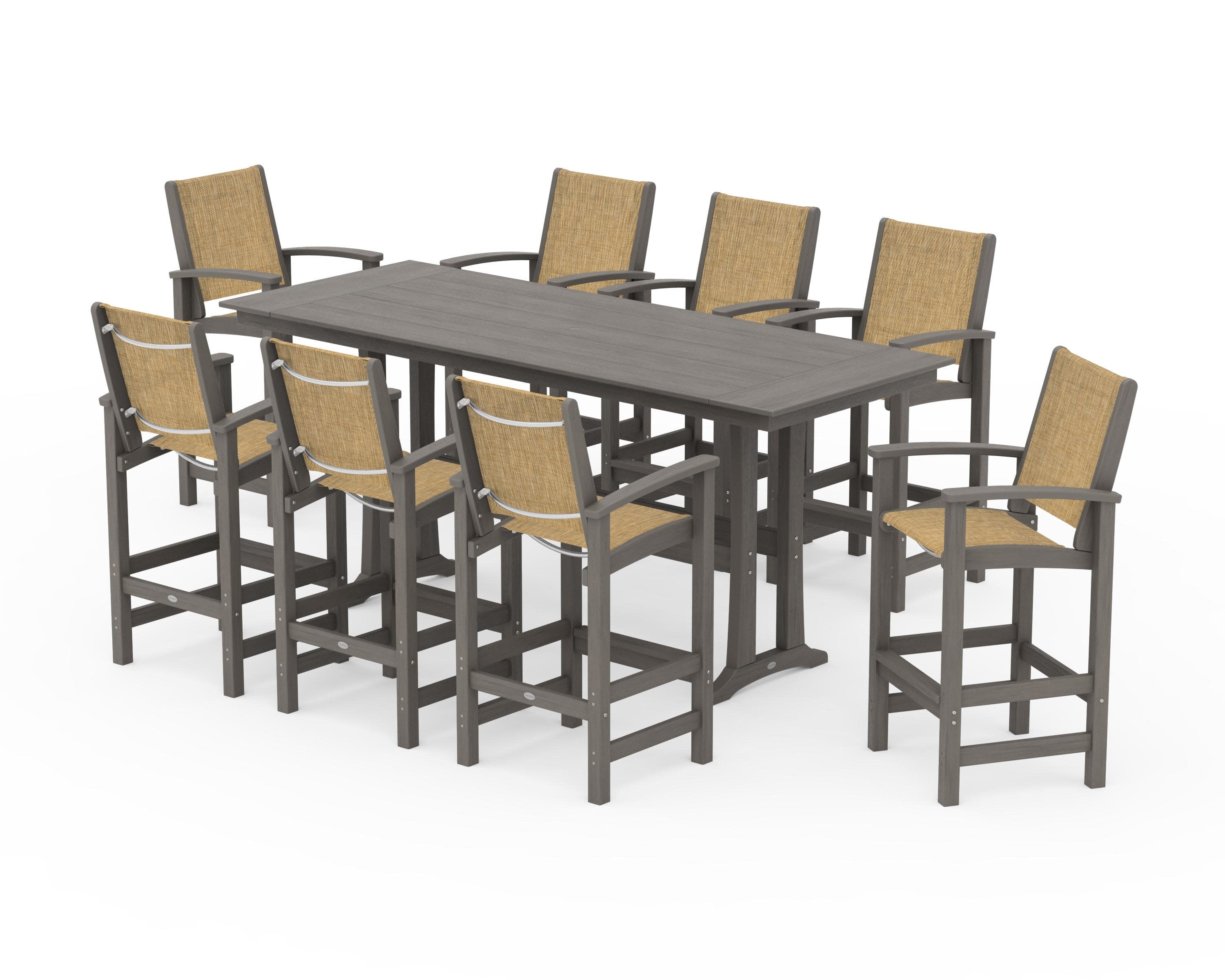 Coastal 9-Piece Farmhouse Bar Set with Trestle Legs in Driftwood / Burlap Sling