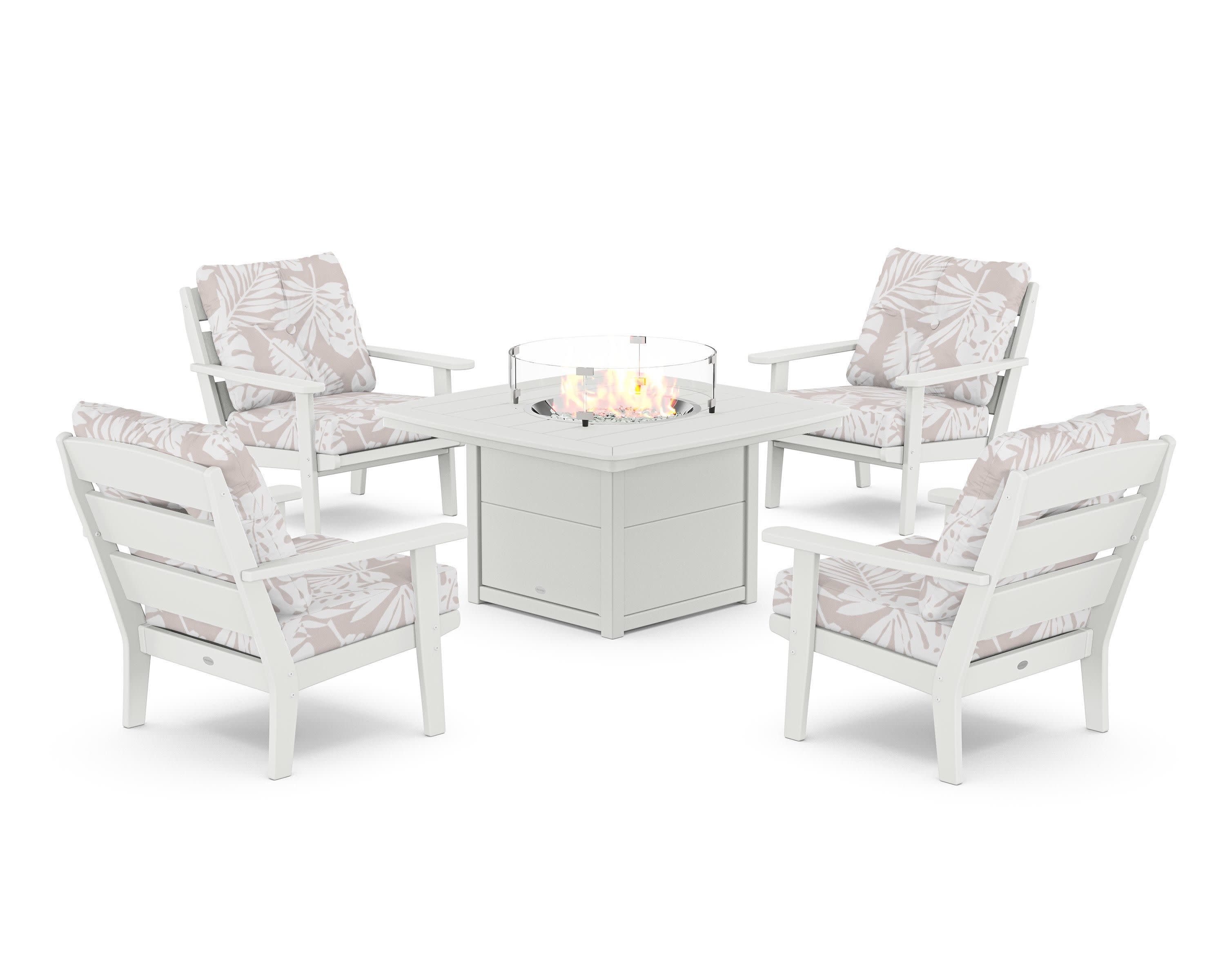 Lakeside 5-Piece Deep Seating Set with Nautical Fire Pit Table in White / Leaf Dune Burlap