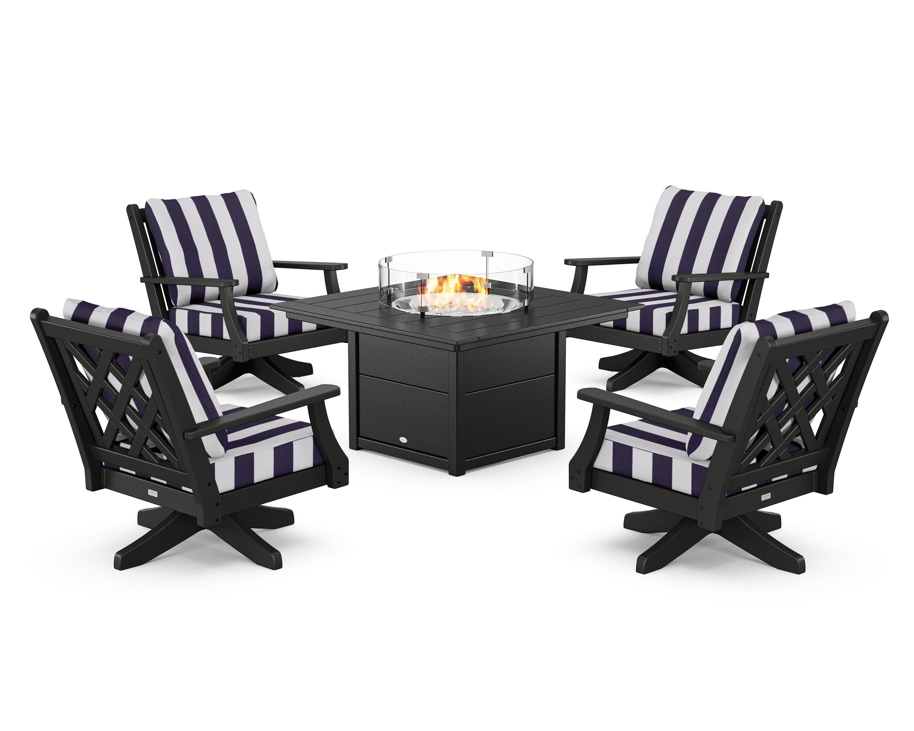 Wovendale 5-Piece Deep Seating Swivel Conversation Set with Fire Pit Table in Black / Cabana Stripe Navy