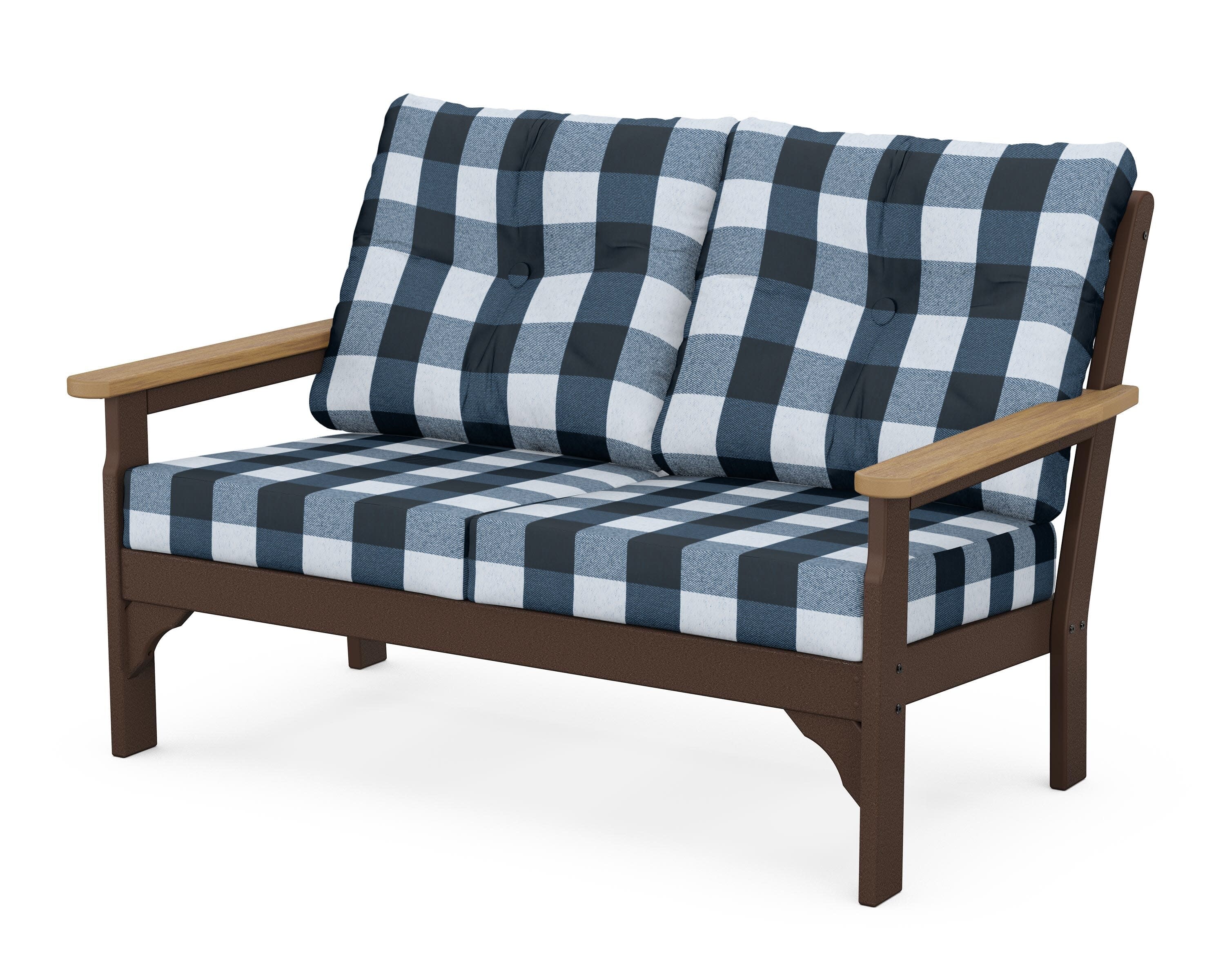 Vineyard Deep Seating Loveseat in Mahogany / Natural / Buffalo Plaid Marine Indigo