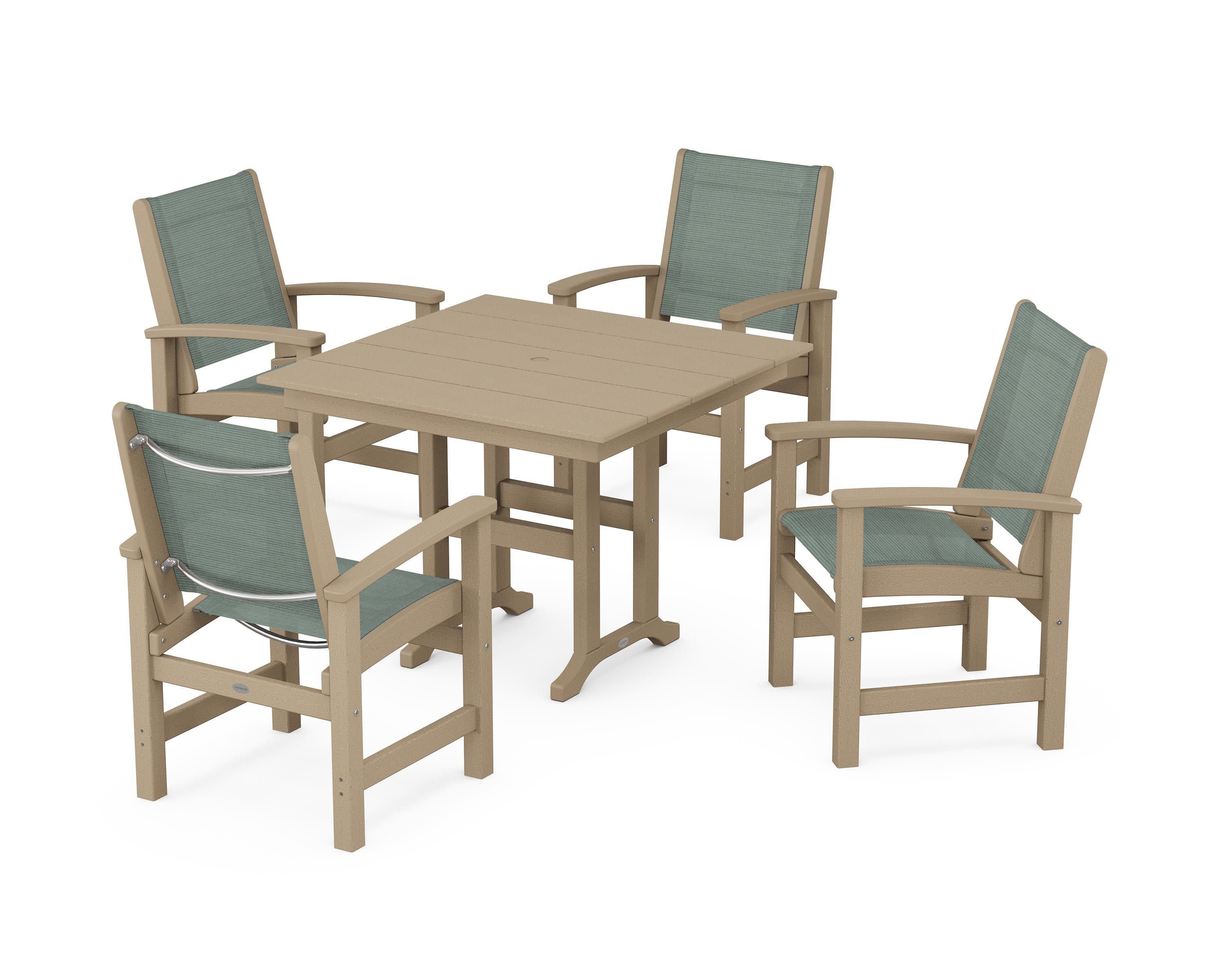 Coastal 5-Piece Farmhouse Dining Set in Vintage Sahara / Dupioni Sea Mist Sling