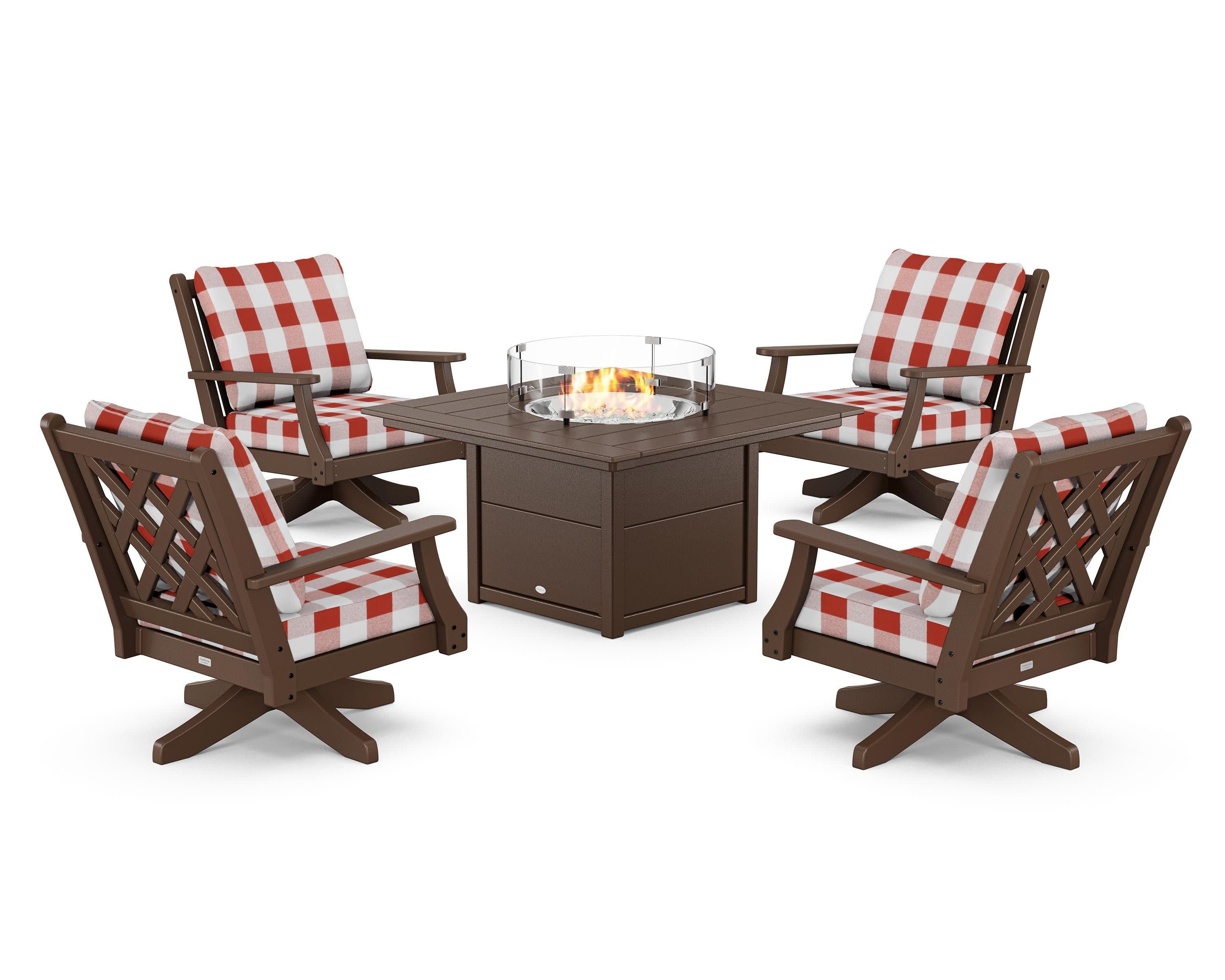 Wovendale 5-Piece Deep Seating Swivel Conversation Set with Fire Pit Table in Mahogany / Buffalo Plaid Crimson