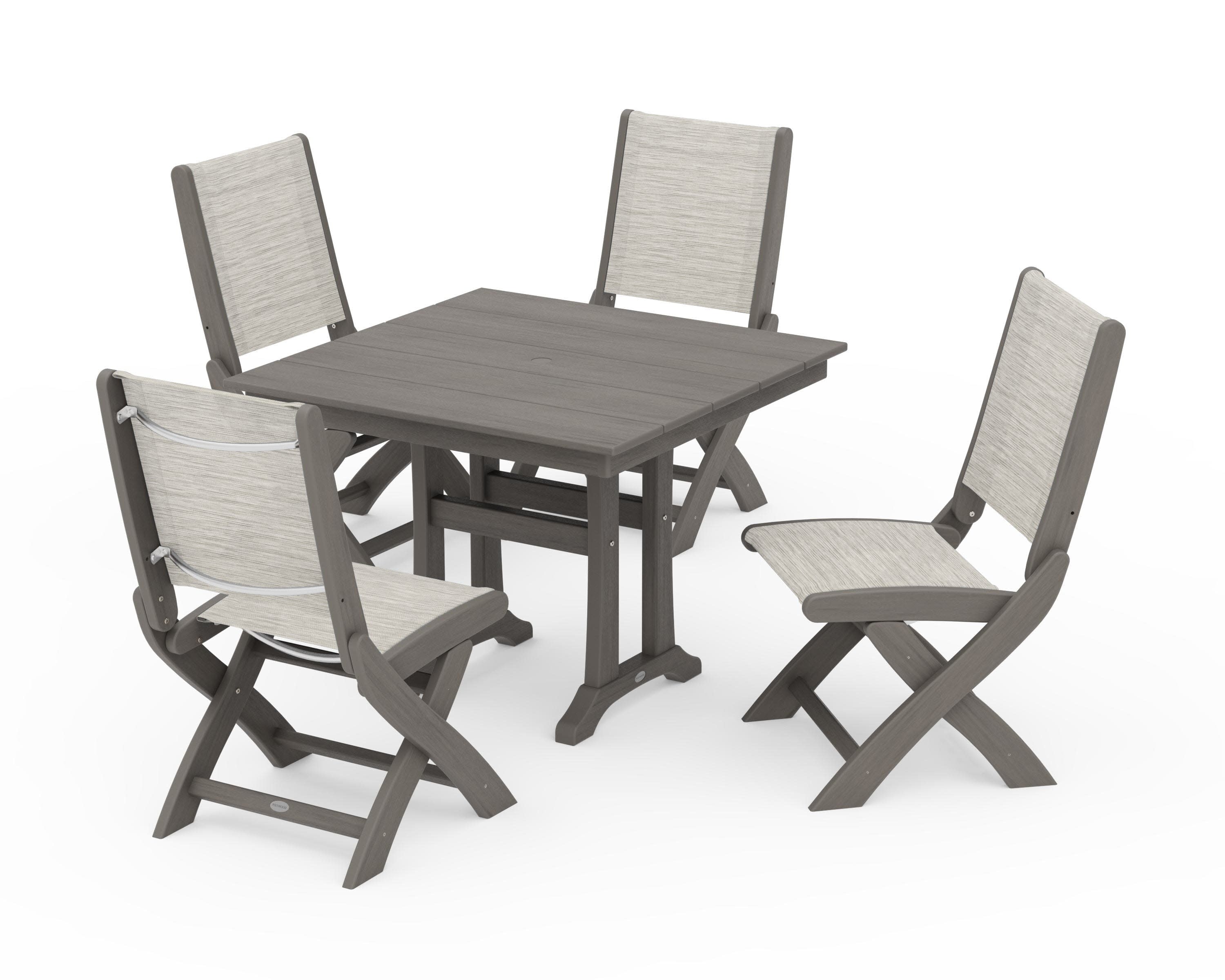 Coastal Folding Side Chair 5-Piece Farmhouse Dining Set With Trestle Legs in Driftwood / Birch Sling
