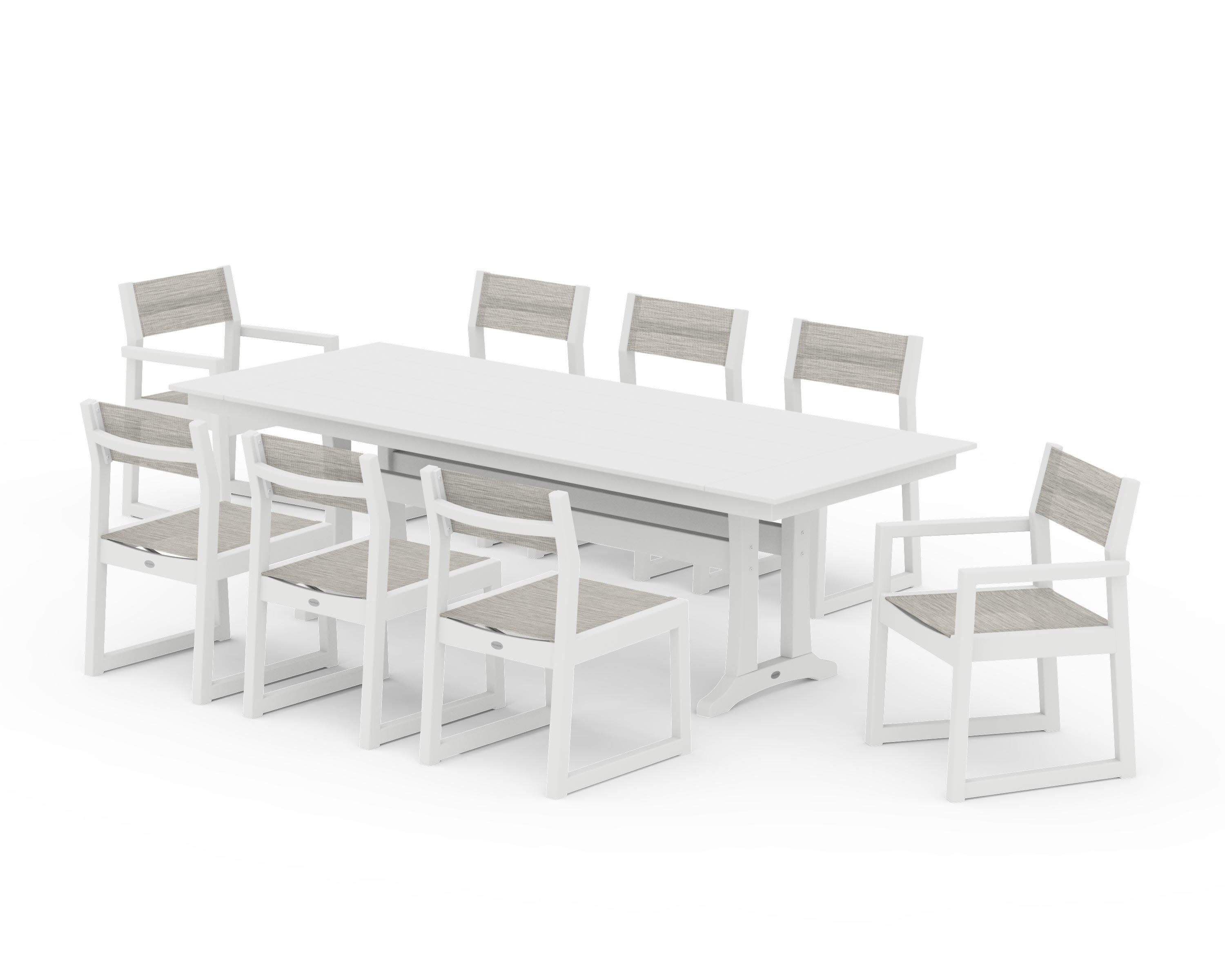 EDGE Sling 9-Piece Farmhouse Trestle Dining Set in White / Birch Sling