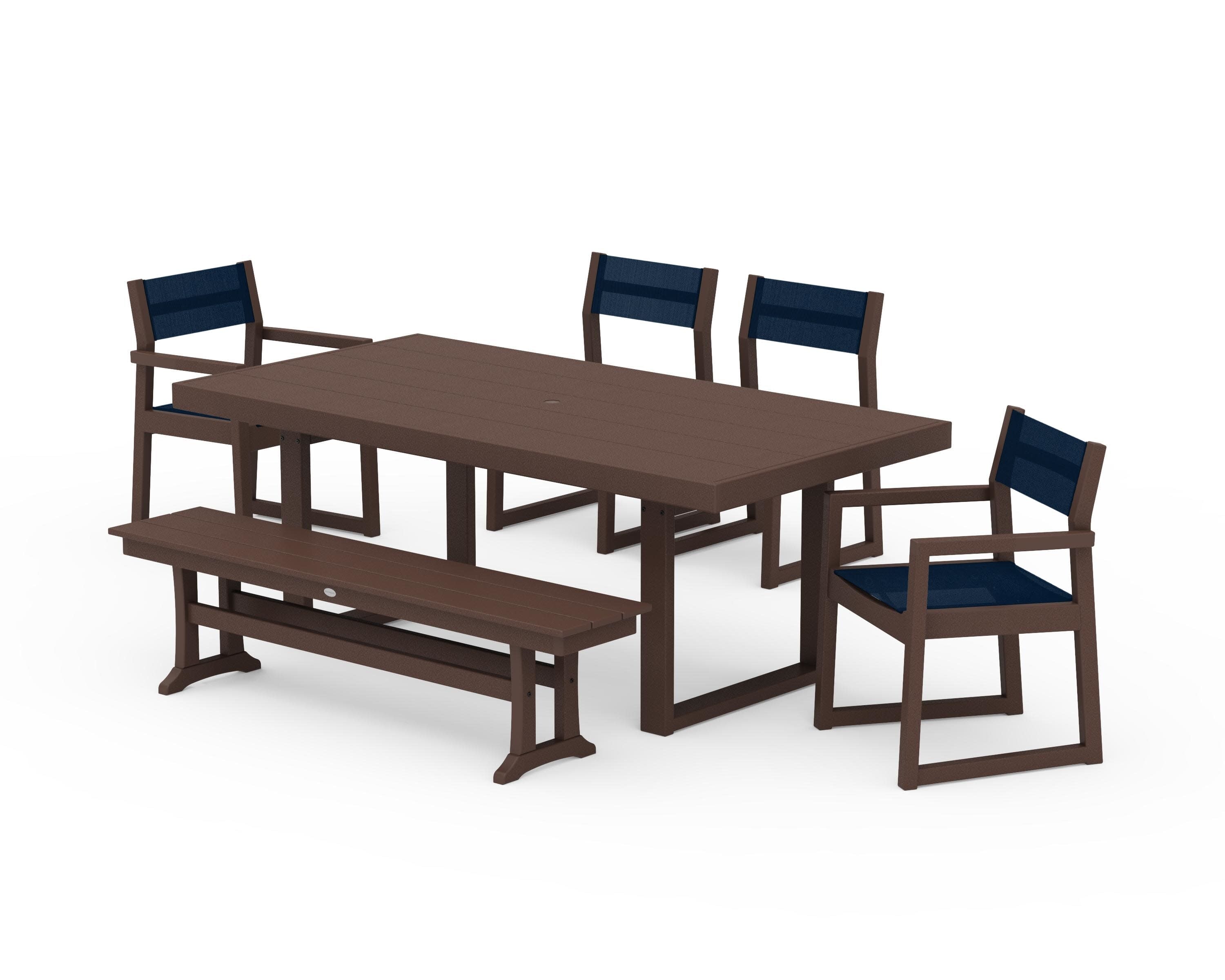 EDGE Sling 6-Piece Dining Set with Bench in Mahogany / Navy Blue Sling
