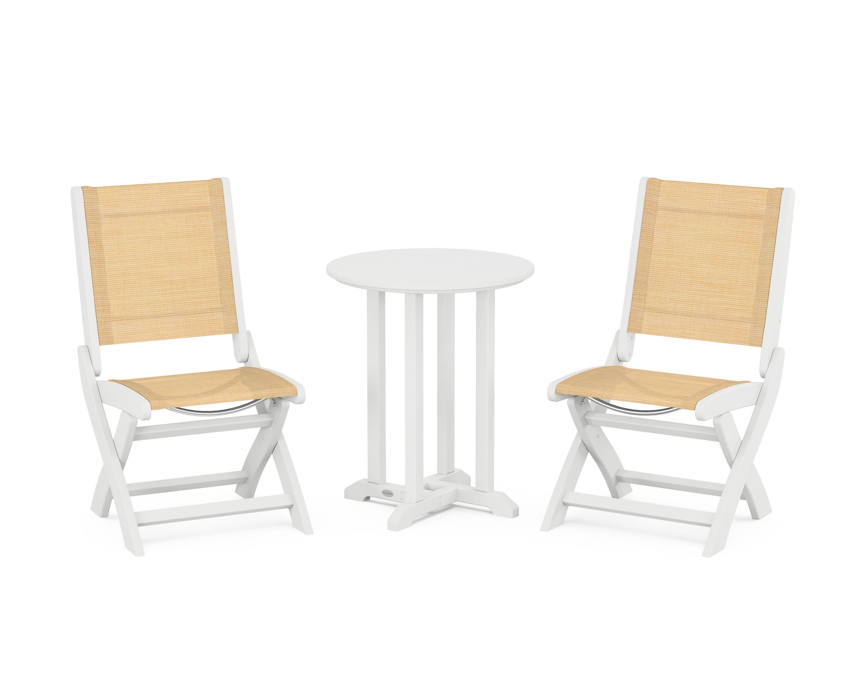 Coastal Folding Side Chair 3-Piece Round Bistro Dining Set in White / Dupioni Apricot Sling