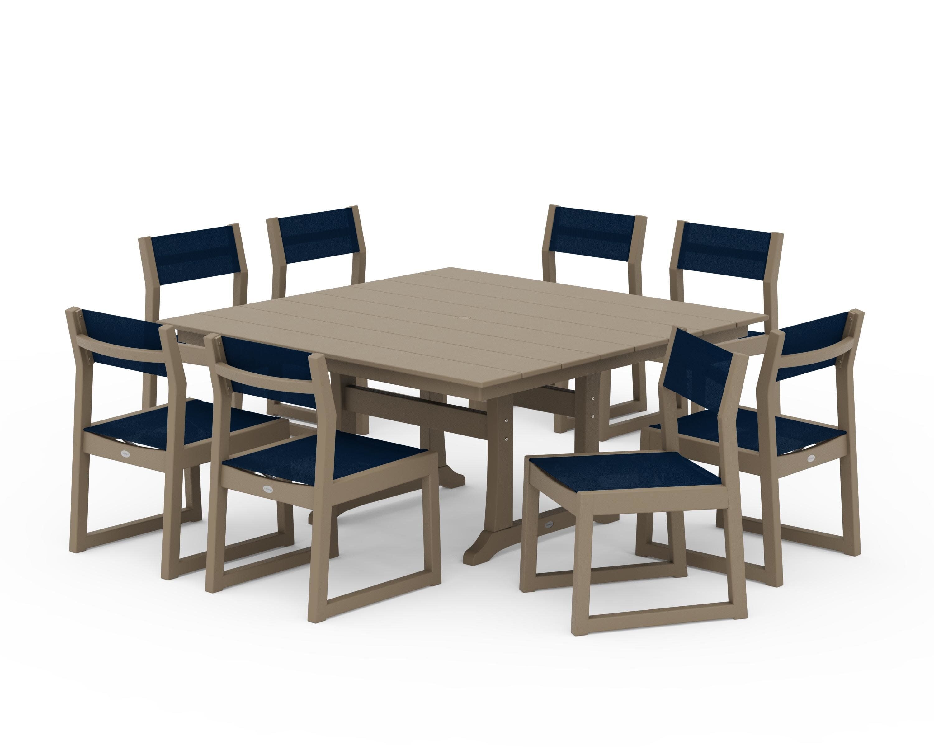 EDGE Sling Side Chair 9-Piece Farmhouse Trestle Dining Set in Vintage Sahara / Navy Blue Sling