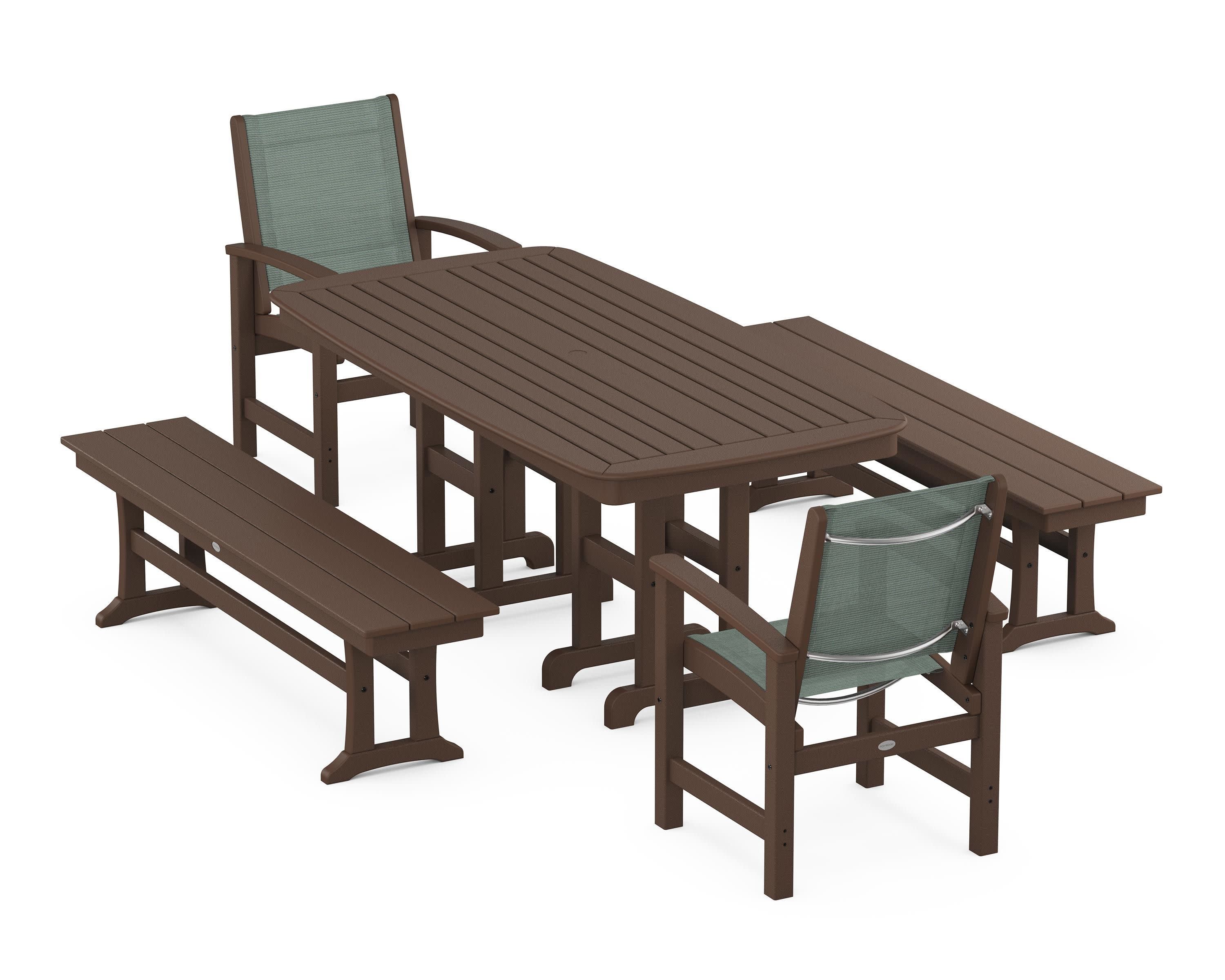 Coastal 5-Piece Dining Set in Mahogany / Dupioni Sea Mist Sling