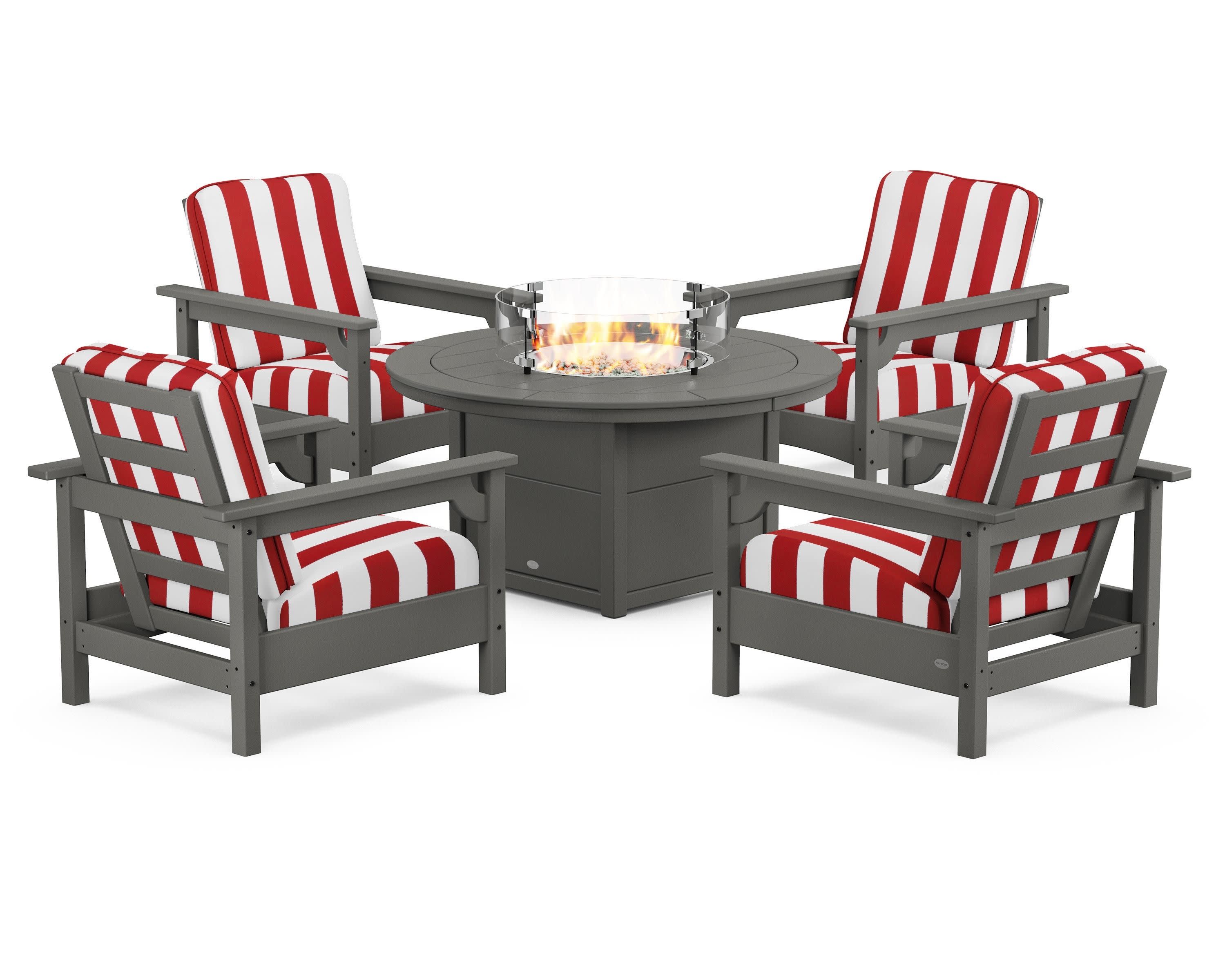 Club 5-Piece Conversation Set with Fire Pit Table in Slate Grey / Cabana Stripe Crimson