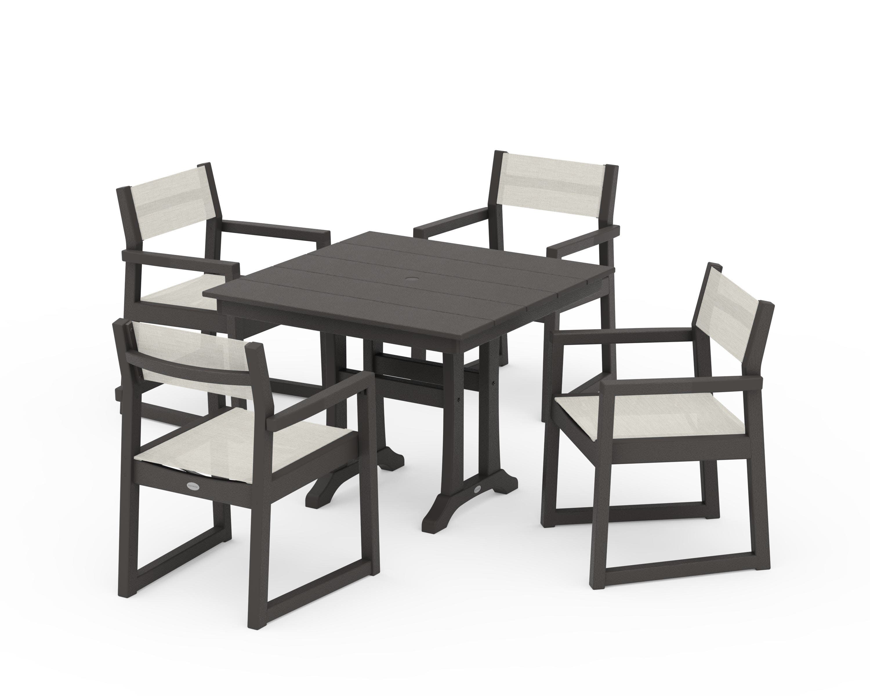 EDGE Sling 5-Piece Farmhouse Dining Set with Trestle Legs in Vintage Coffee / Parchment Sling