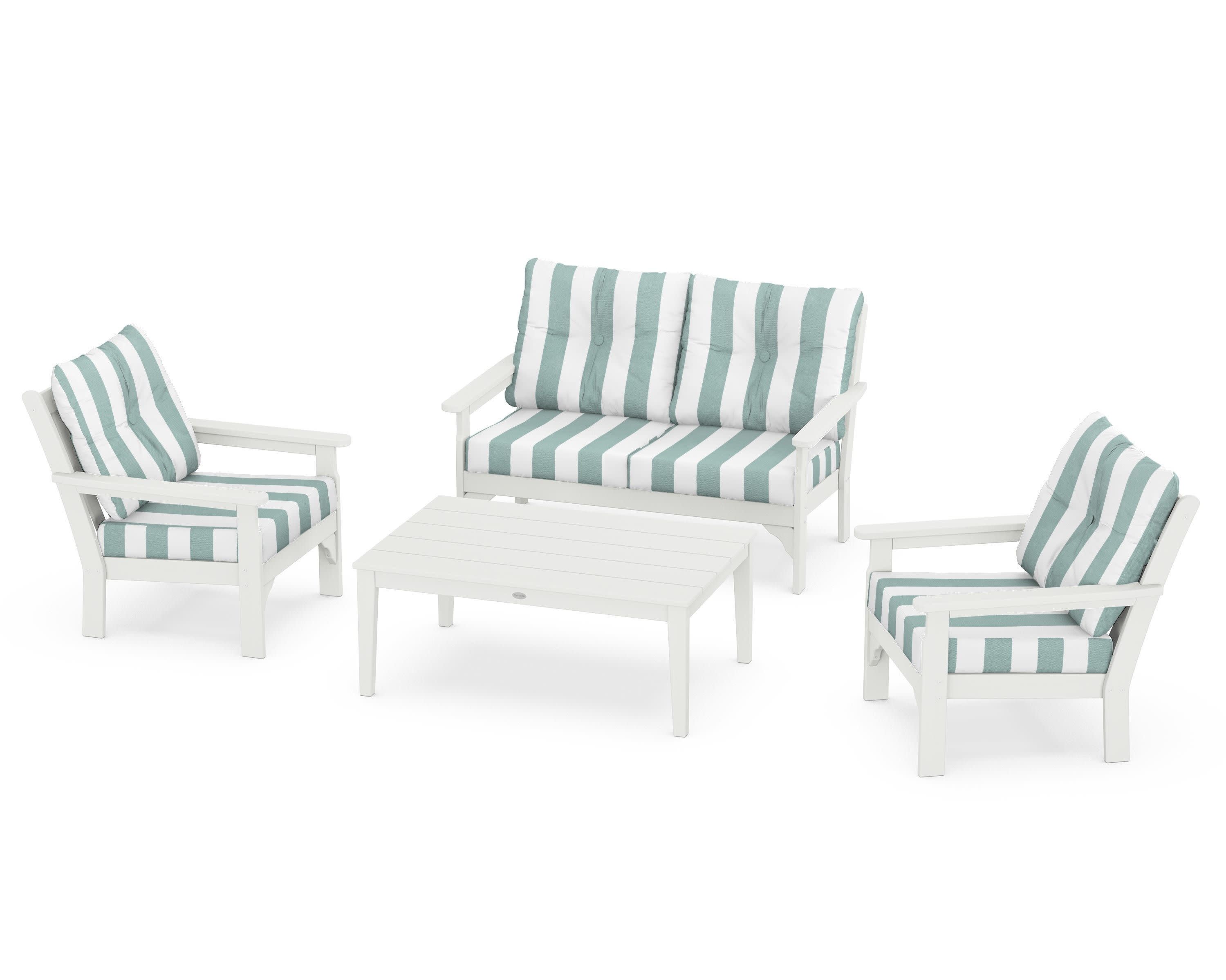 Vineyard 4-Piece Deep Seating Set in Vintage White / Cabana Stripe Glacier Spa