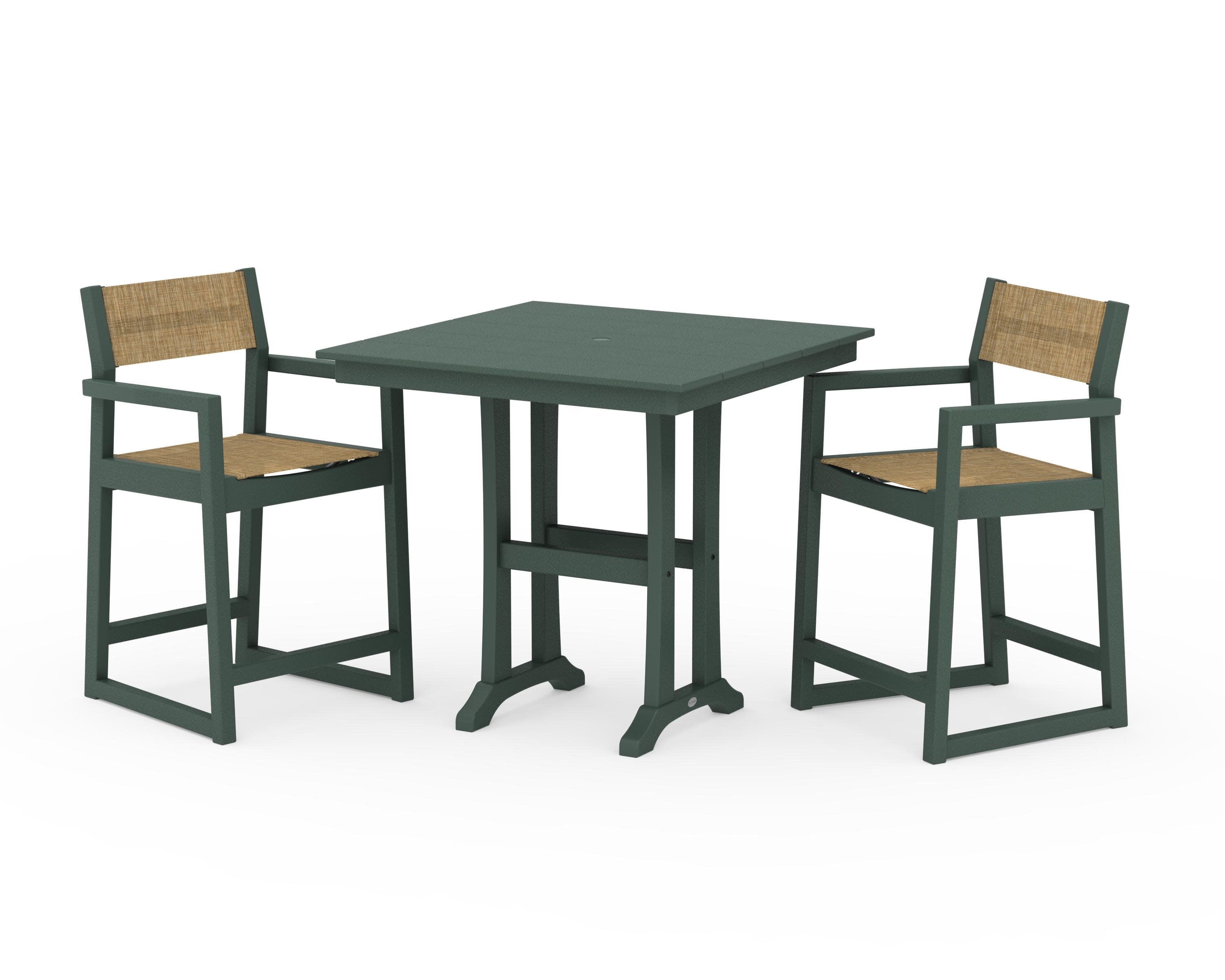 EDGE Sling Arm Chair 3-Piece Farmhouse Counter Set with Trestle Legs in Green / Burlap Sling