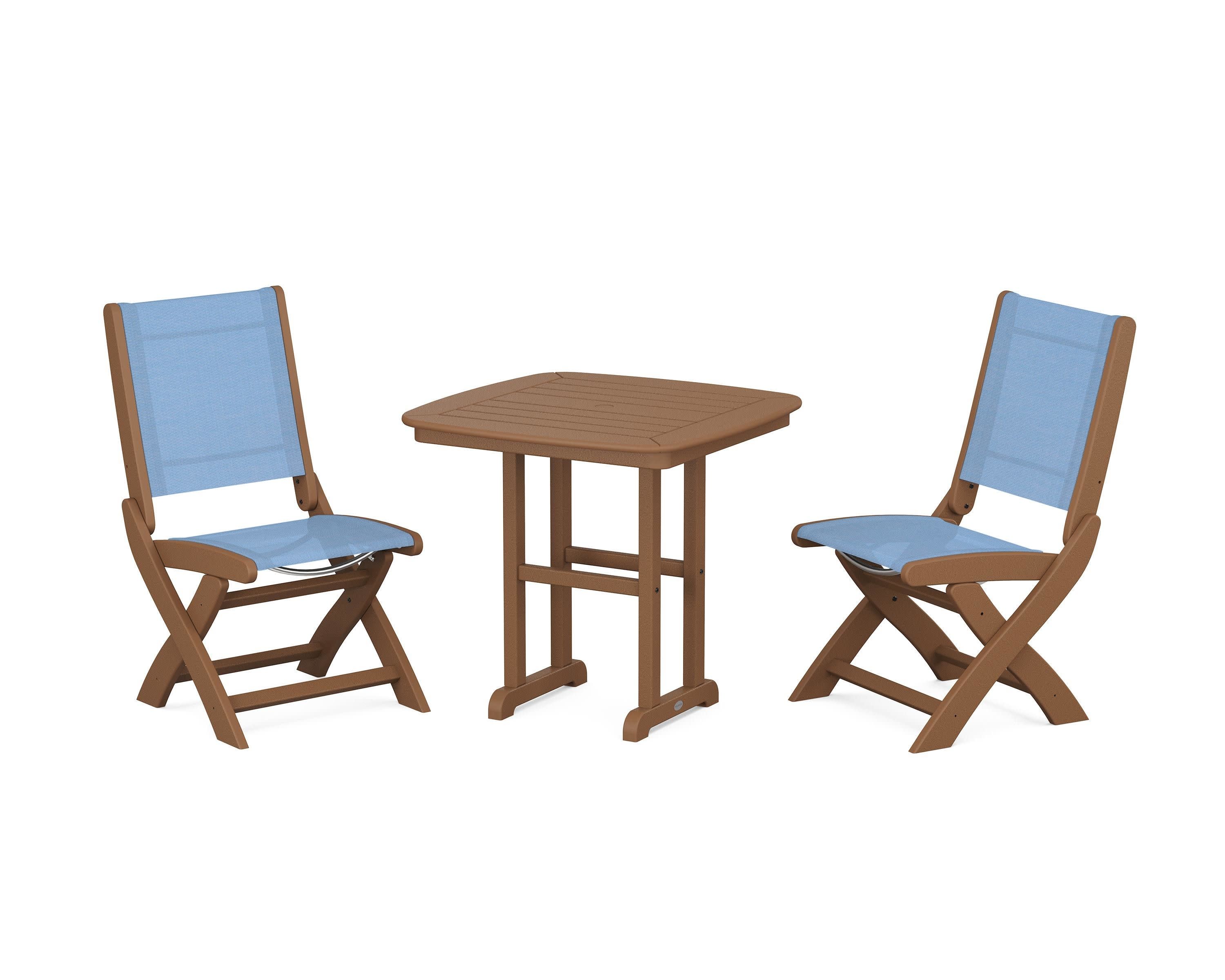Coastal Folding Side Chair 3-Piece Dining Set in Teak / Poolside Sling