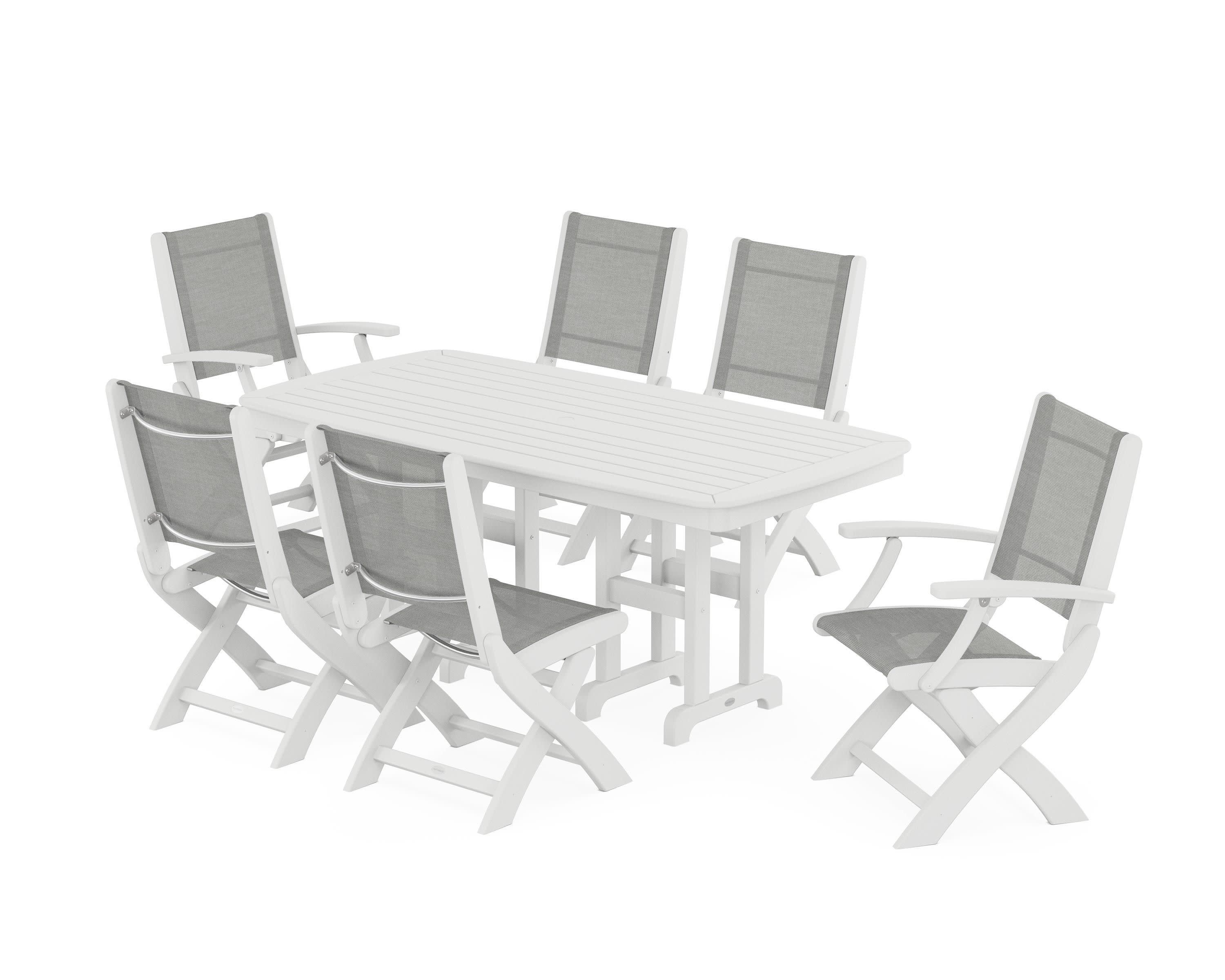 Coastal Folding Chair 7-Piece Dining Set in White / Metallic Sling