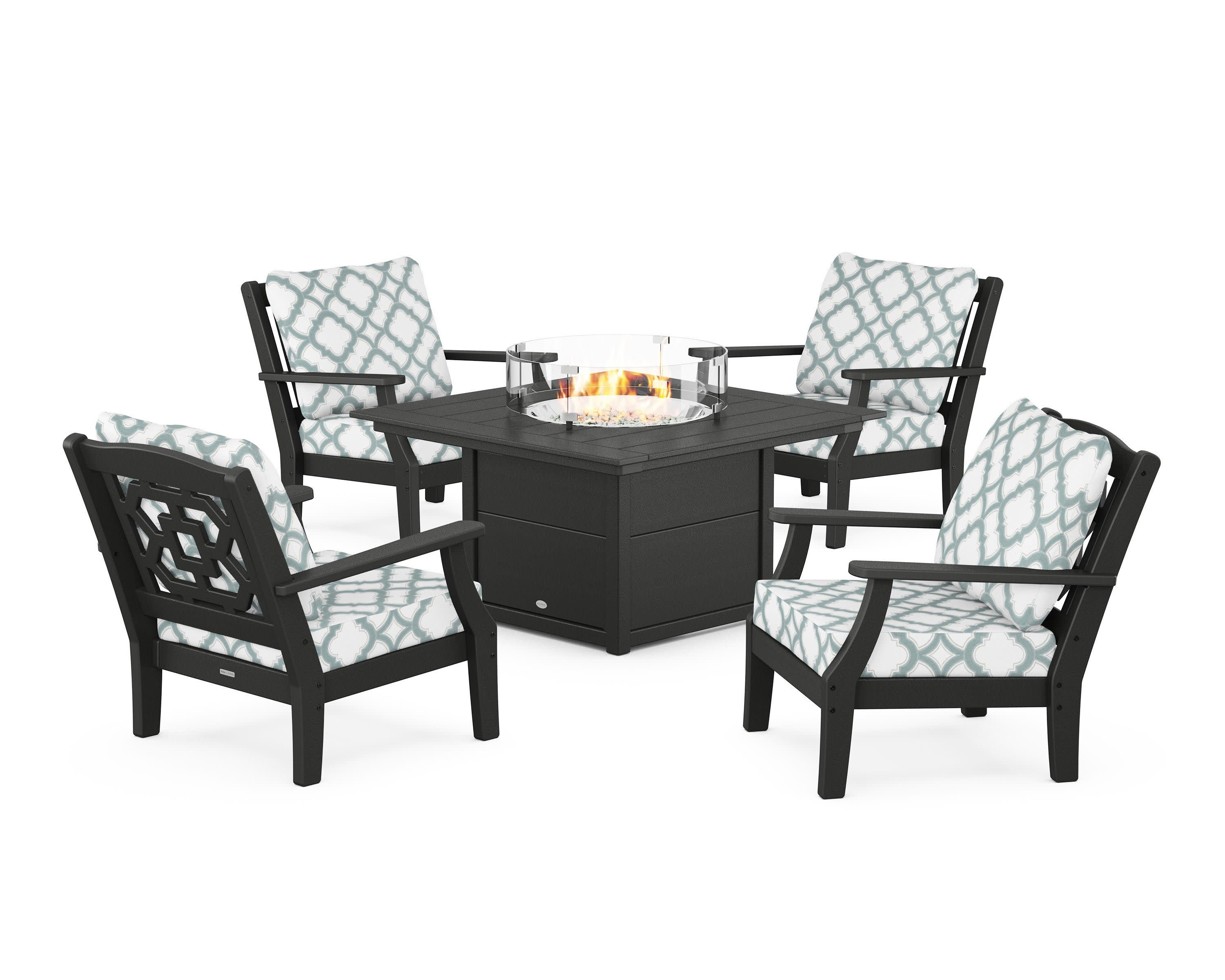 Chinoiserie 5-Piece Deep Seating Set with Fire Pit Table in Black / Trellis Glacier Spa