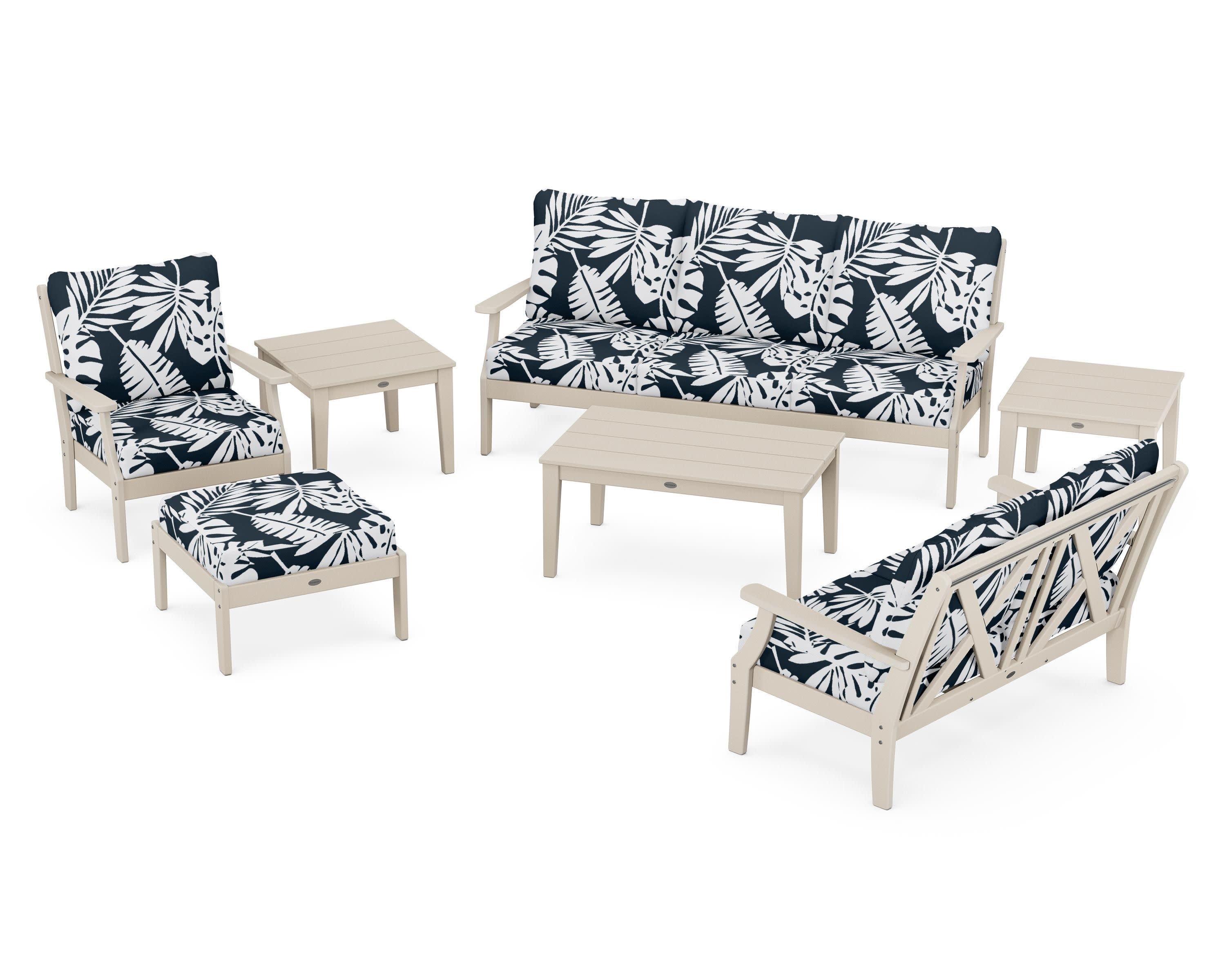 Braxton 7-Piece Deep Seating Set in Sand / Leaf Marine Indigo