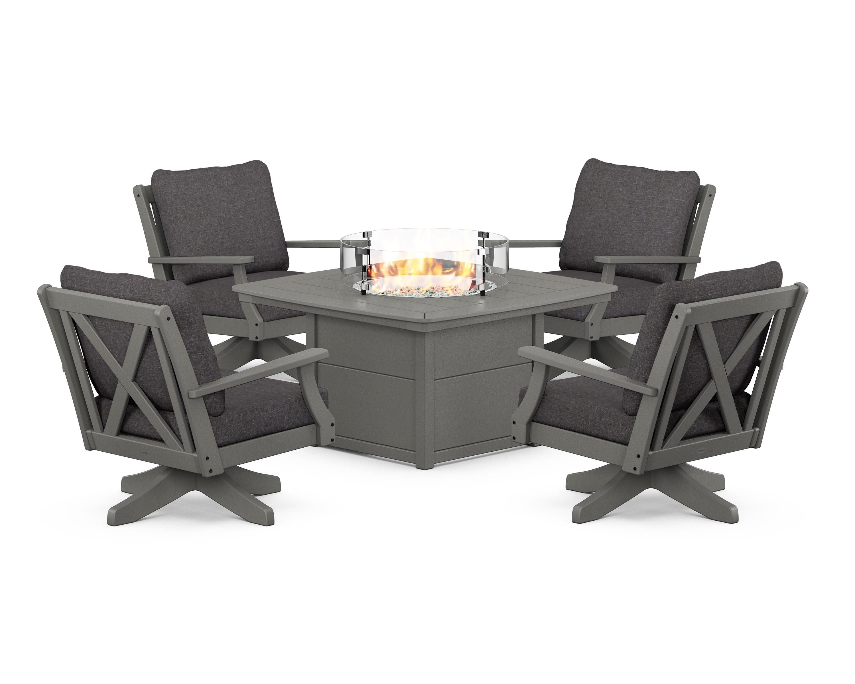 Braxton 5-Piece Deep Seating Swivel Conversation Set with Fire Pit Table in Slate Grey / Ash Charcoal