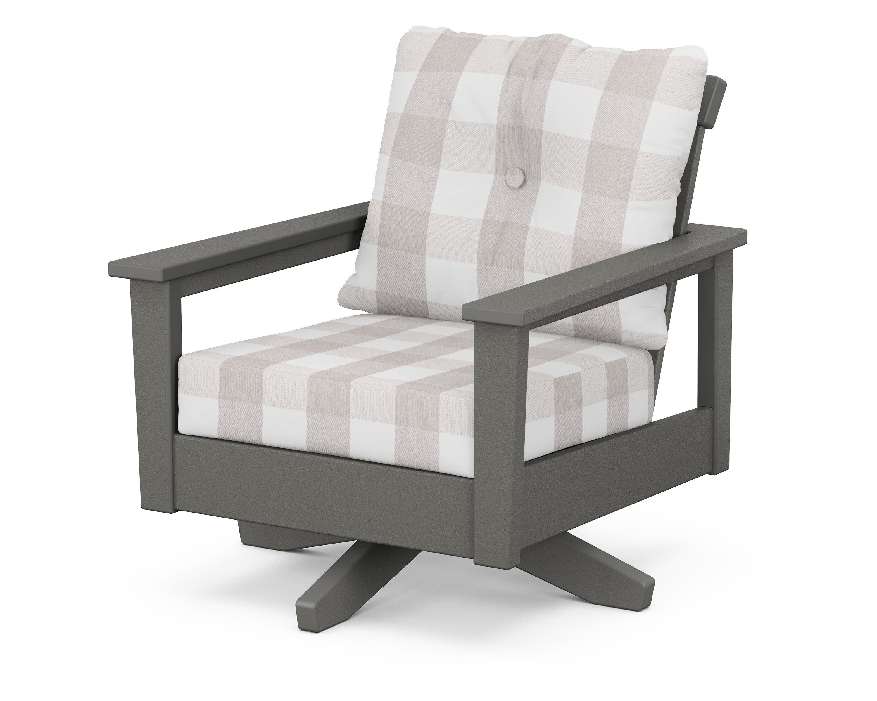 Prescott Deep Seating Swivel Chair in Slate Grey / Buffalo Plaid Dune Burlap