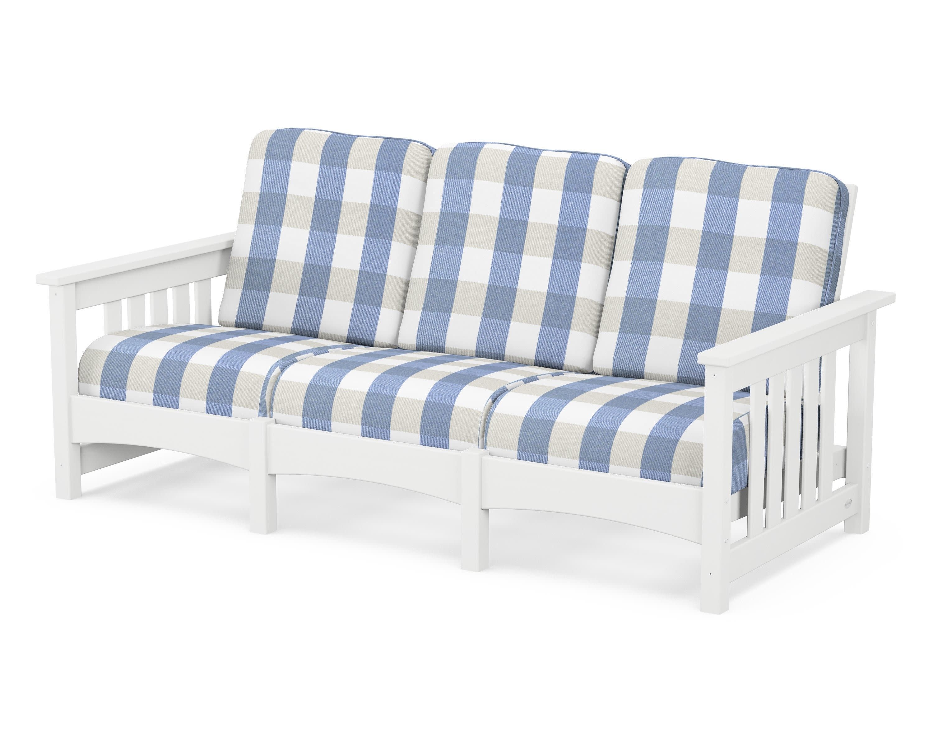 Club Mission Sofa in White / Buffalo Plaid Sky Blue