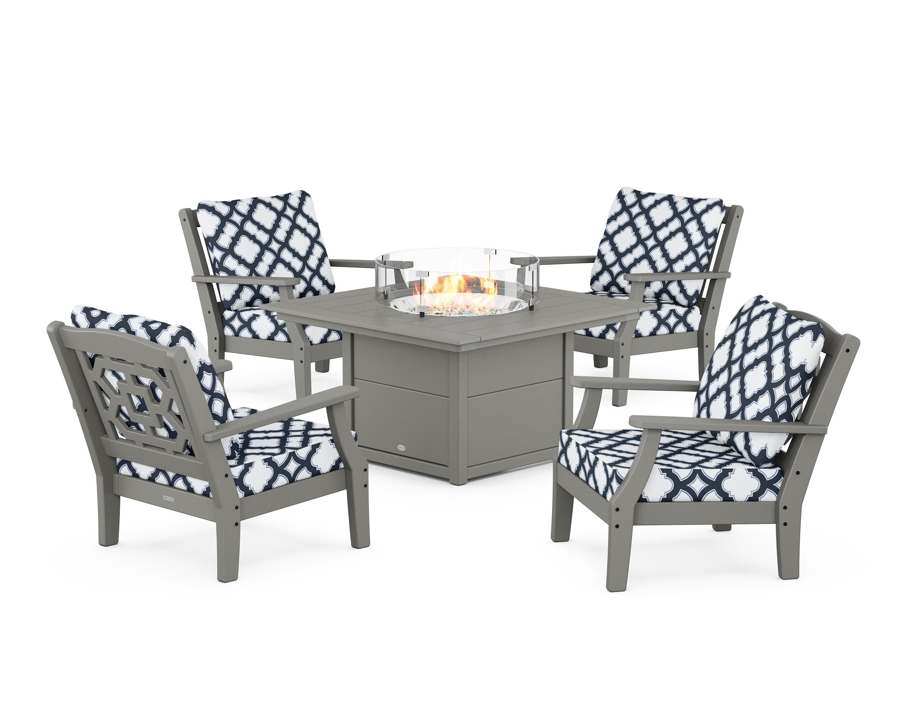 Chinoiserie 5-Piece Deep Seating Set with Fire Pit Table in Slate Grey / Trellis Marine Indigo