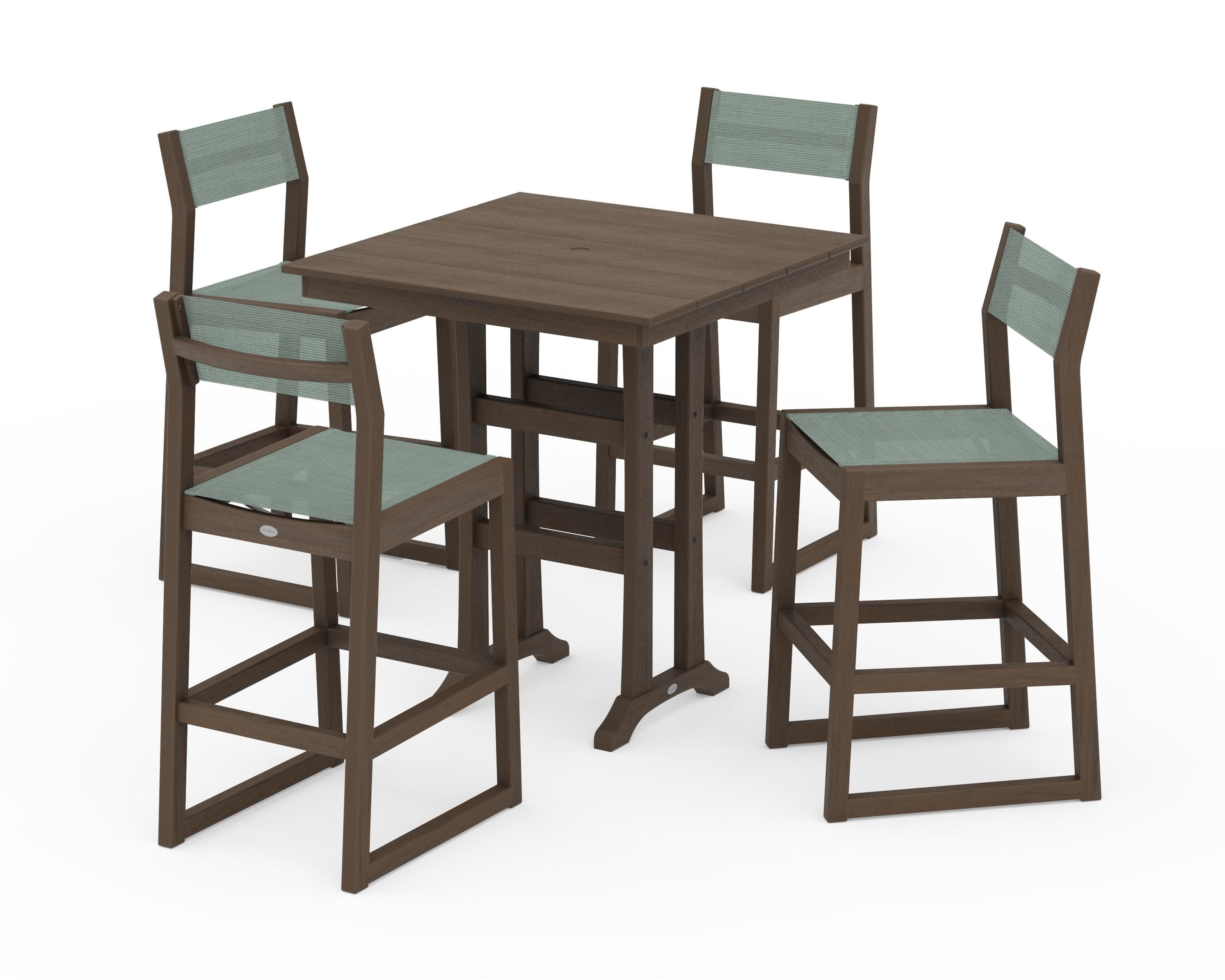 EDGE Sling Arm Chair 5-Piece Farmhouse Bar Set with Trestle Legs in Kona / Dupioni Sea Mist Sling