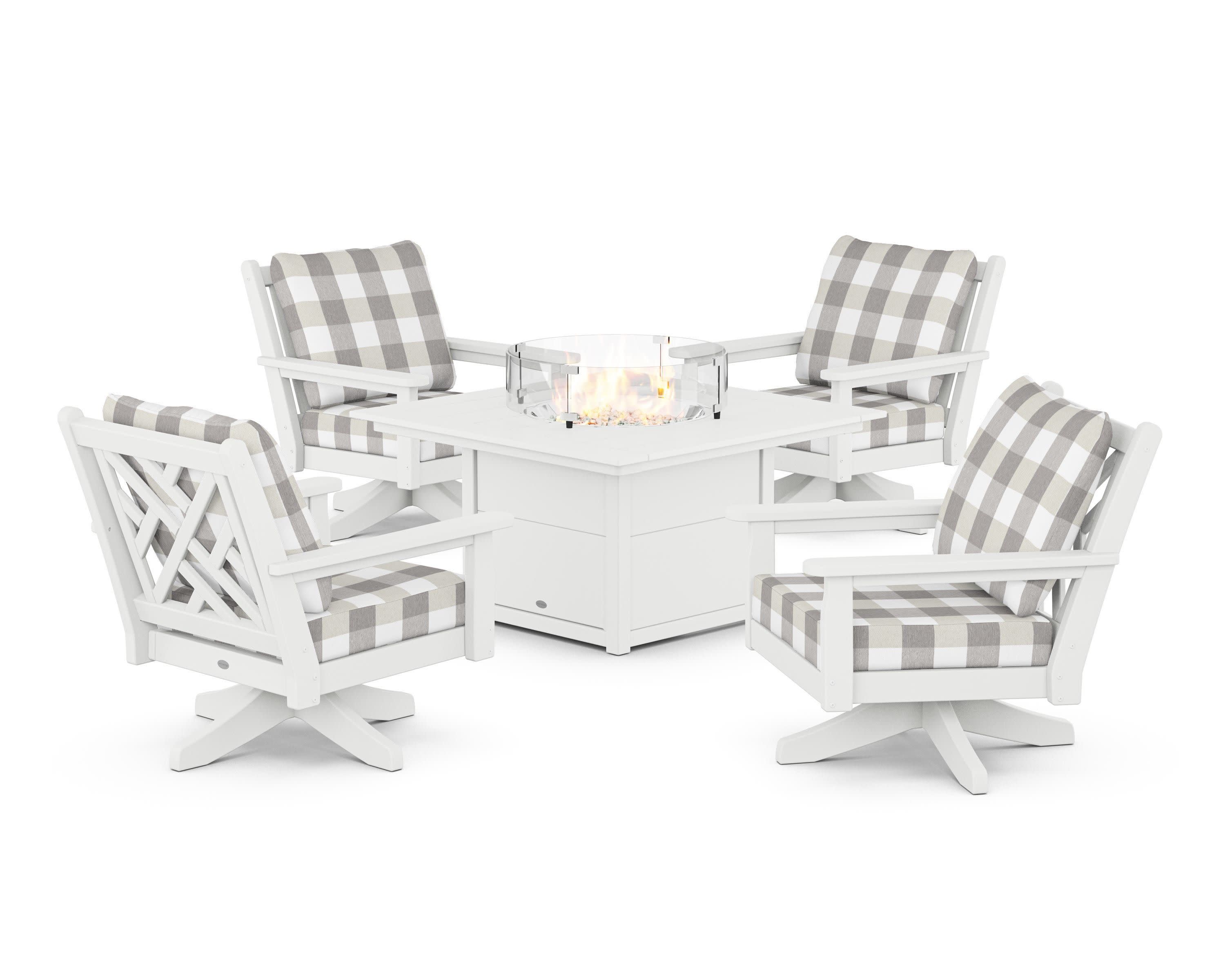 Chippendale 5-Piece Deep Seating Swivel Conversation Set with Fire Pit Table in White / Buffalo Plaid Grey Mist