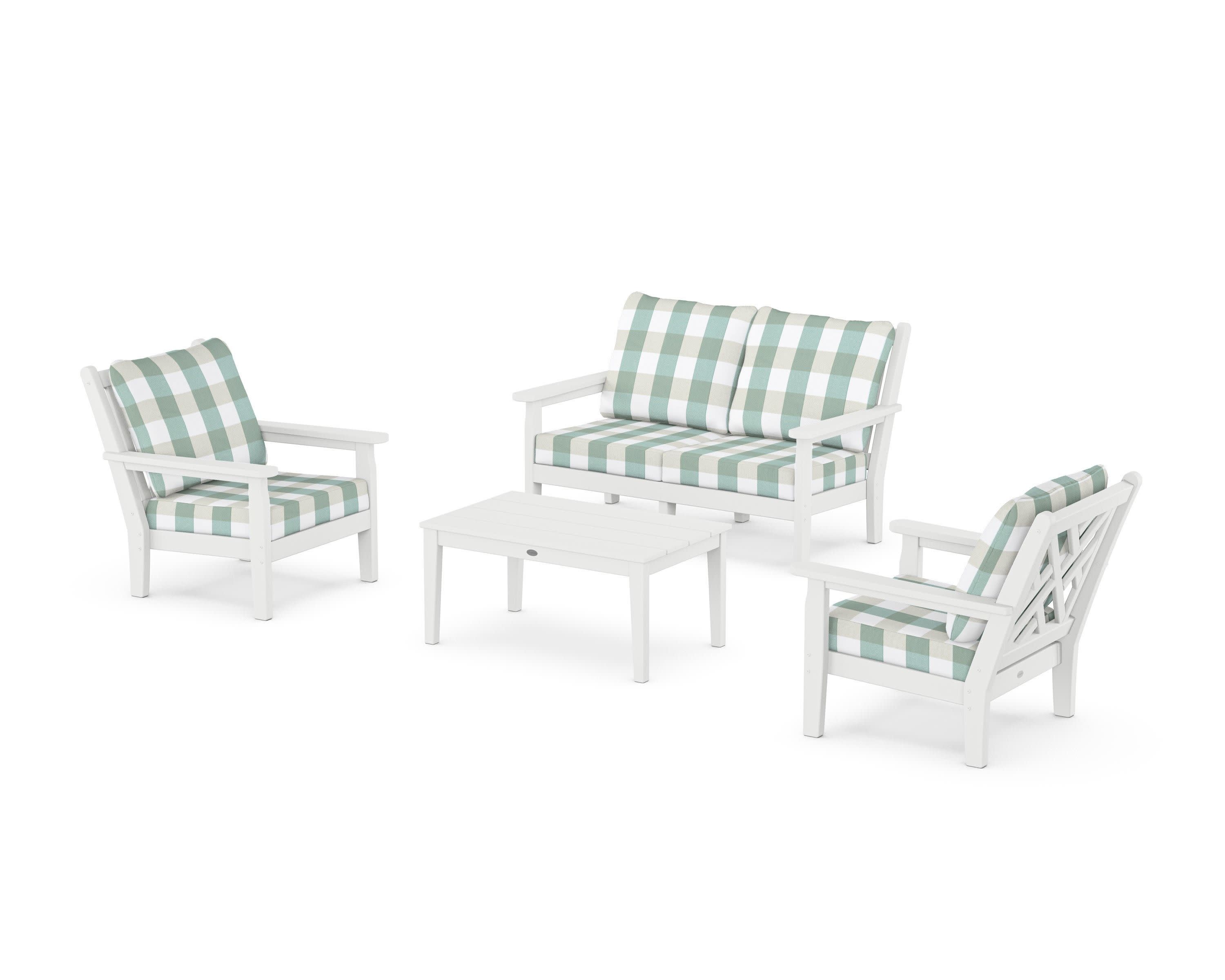 Chippendale 4-Piece Deep Seating Set with Loveseat in White / Buffalo Plaid Glacier Spa