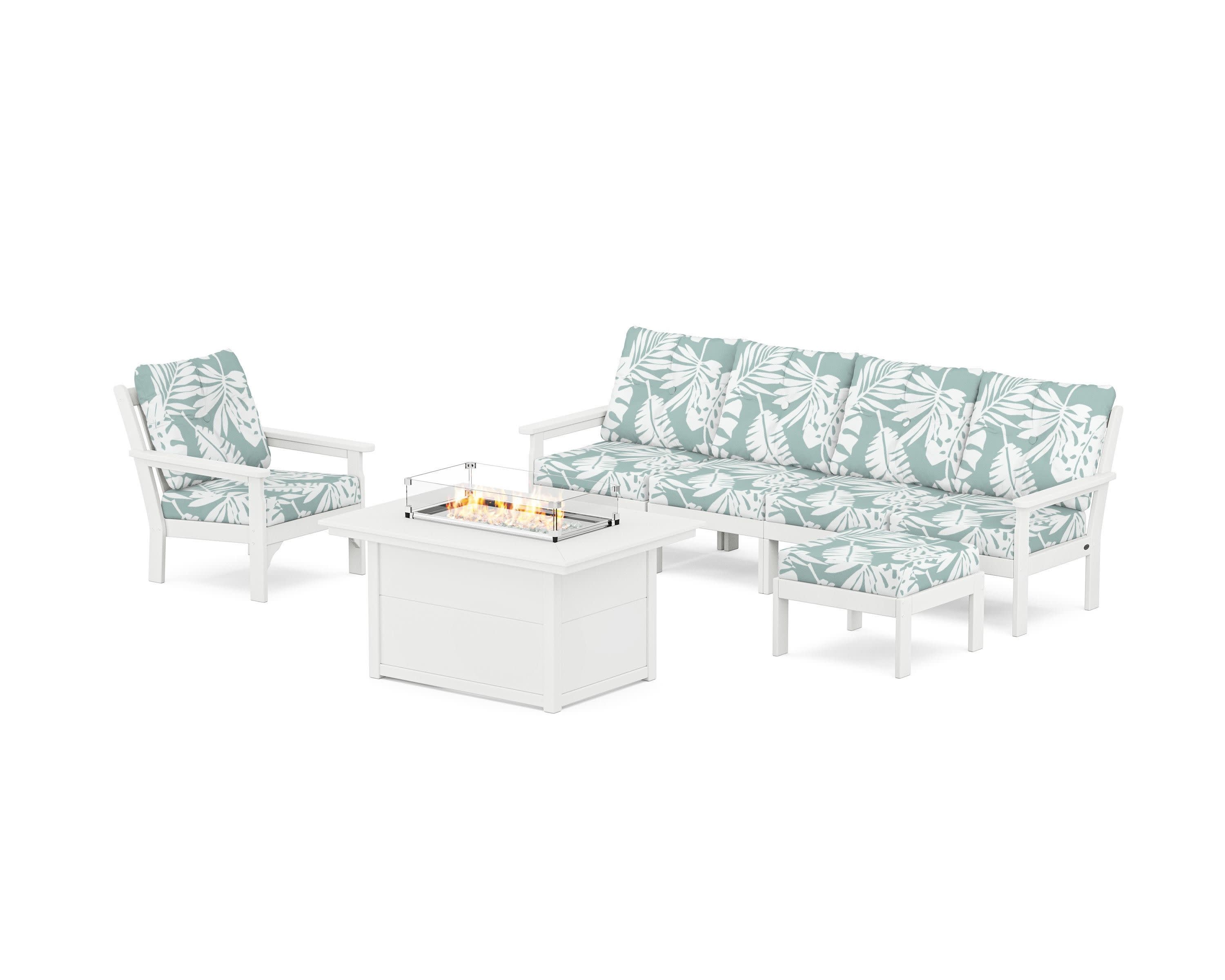 Vineyard Sectional Lounge and Fire Pit Set in White / Leaf Glacier Spa