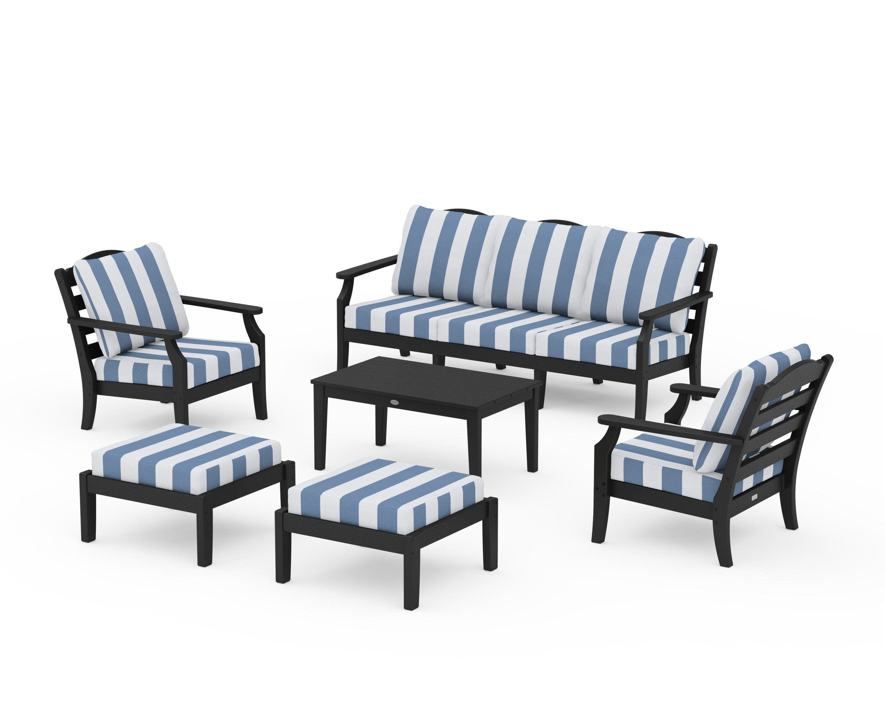 Savannah 6-Piece Lounge Sofa Set in Black / Cabana Stripe Sky Blue