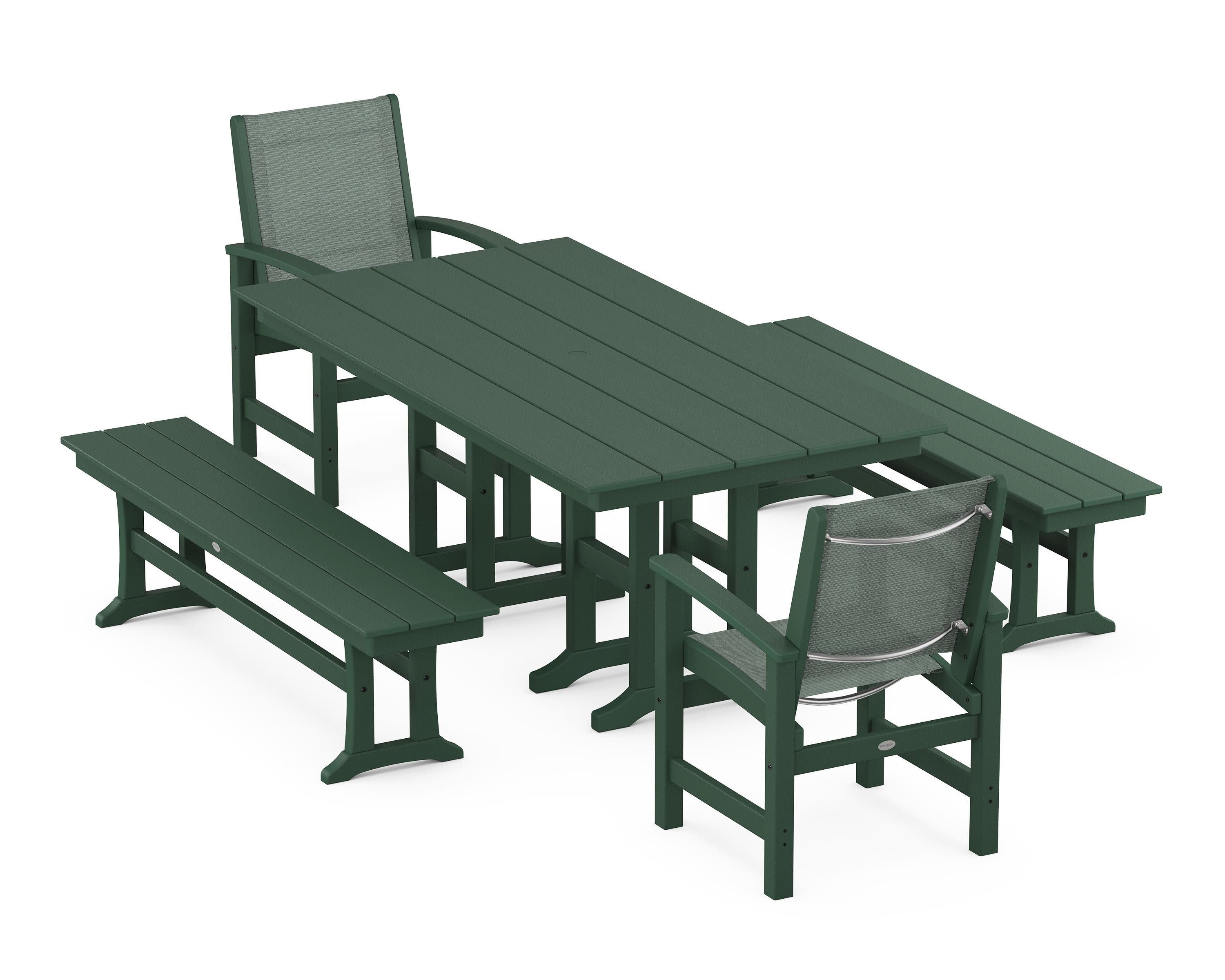Coastal 5-Piece Farmhouse Dining Set in Green / Dupioni Sea Mist Sling