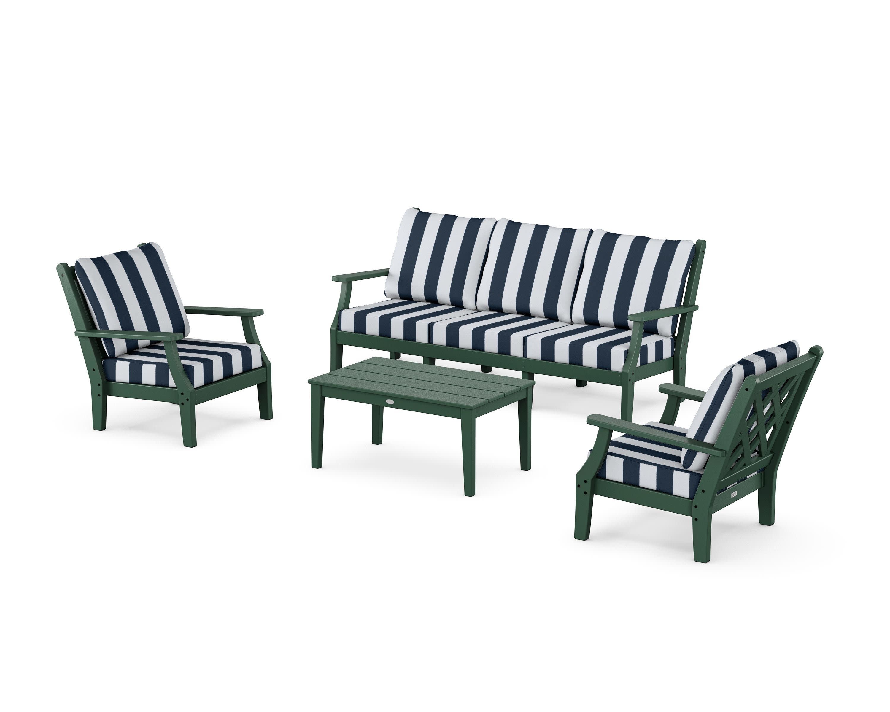 Wovendale 4-Piece Deep Seating Set with Sofa in Green / Cabana Stripe Marine Indigo