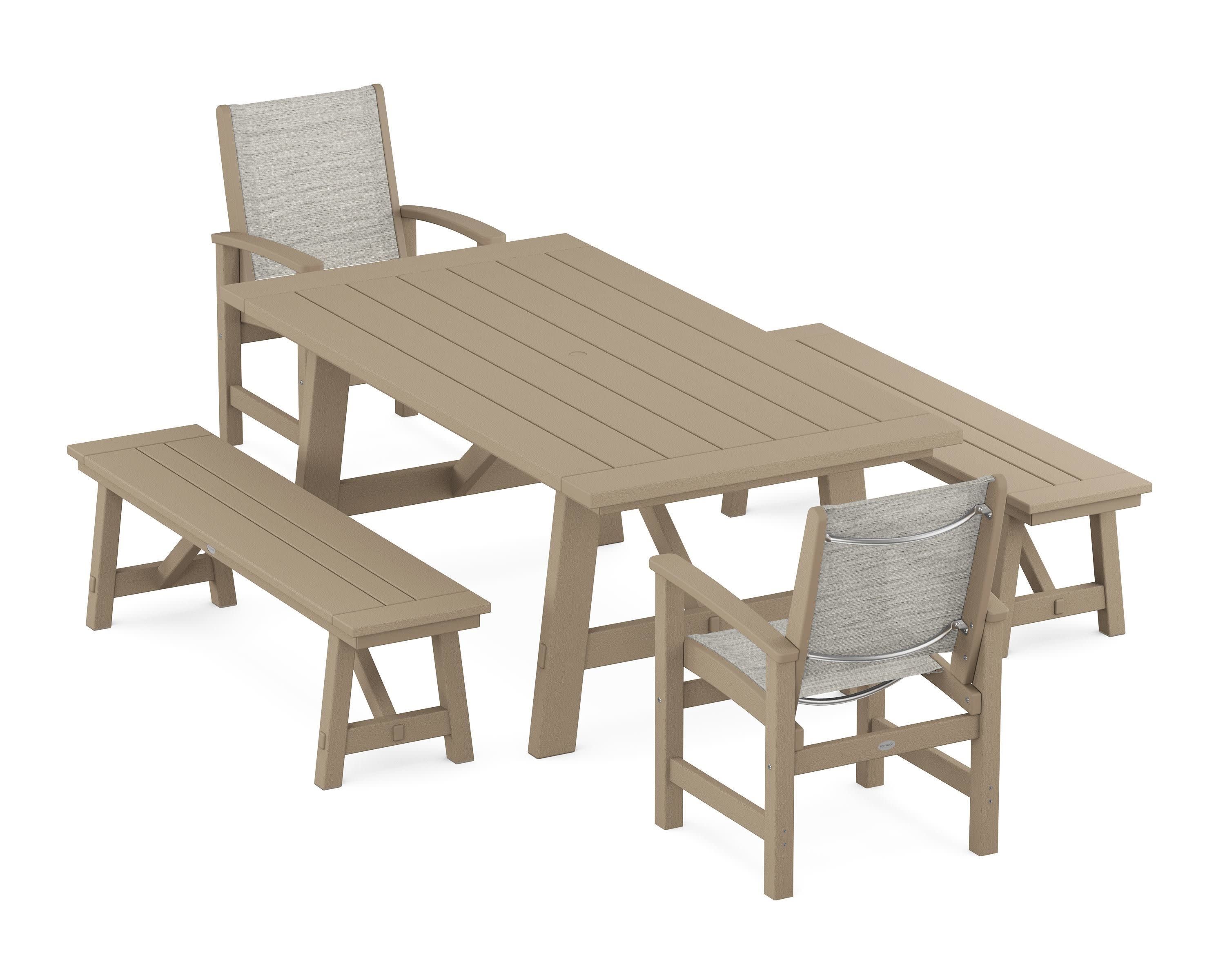 Coastal 5-Piece Rustic Farmhouse Dining Set With Benches in Vintage Sahara / Birch Sling