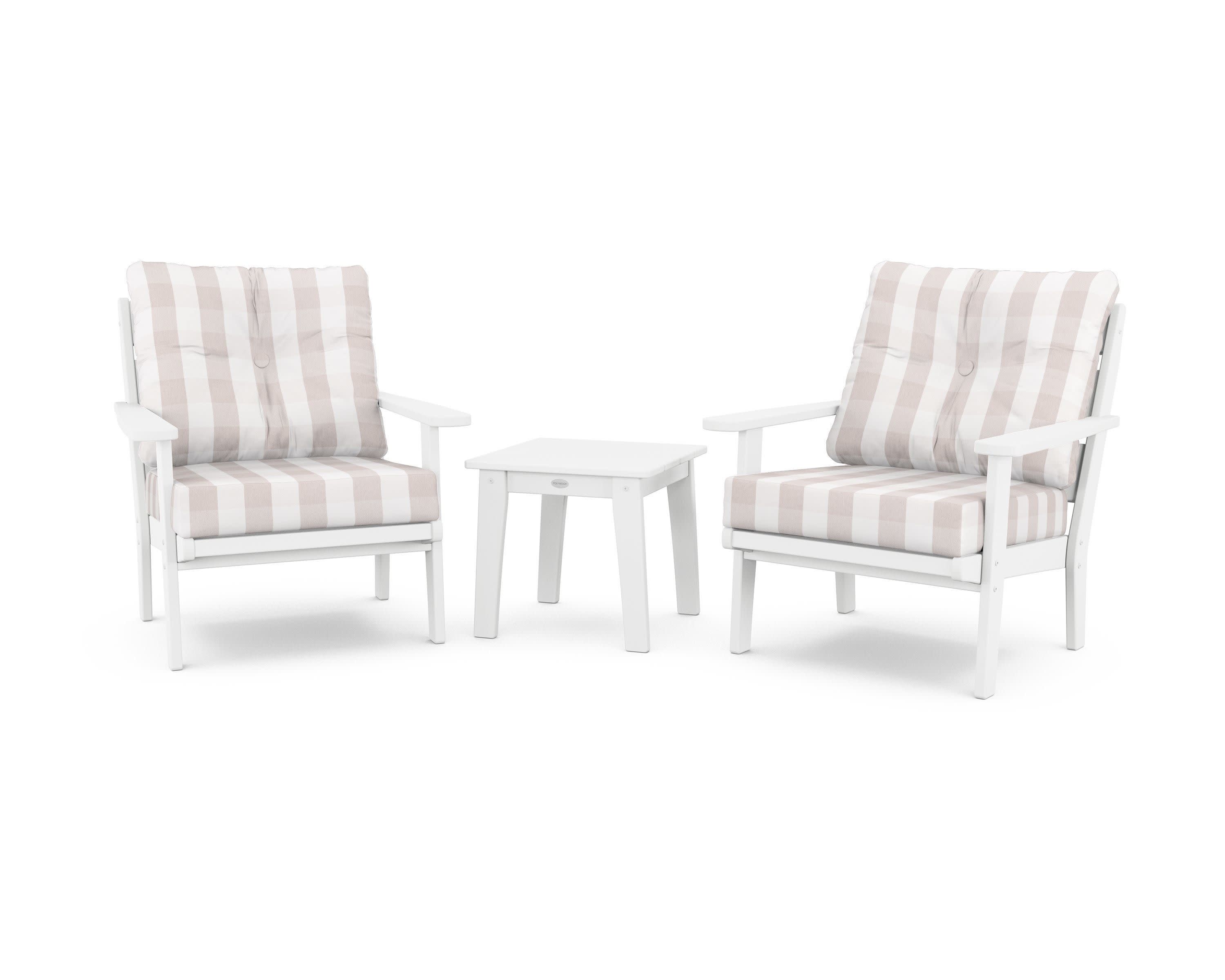 Lakeside 3-Piece Deep Seating Chair Set in White / Buffalo Plaid Dune Burlap