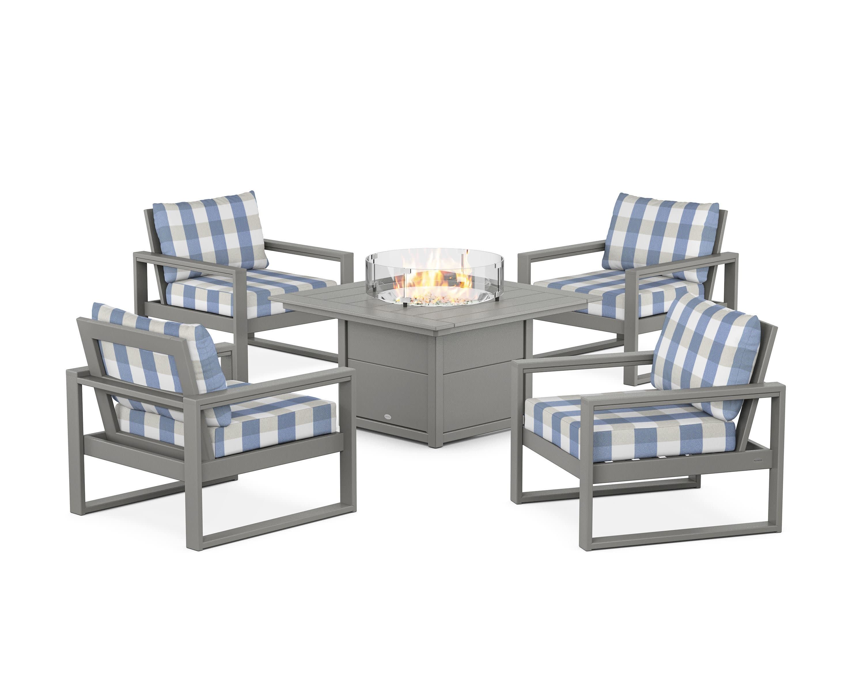 EDGE Sectional 5-Piece Deep Seating Set with Fire Pit Table in Slate Grey / Buffalo Plaid Sky Blue