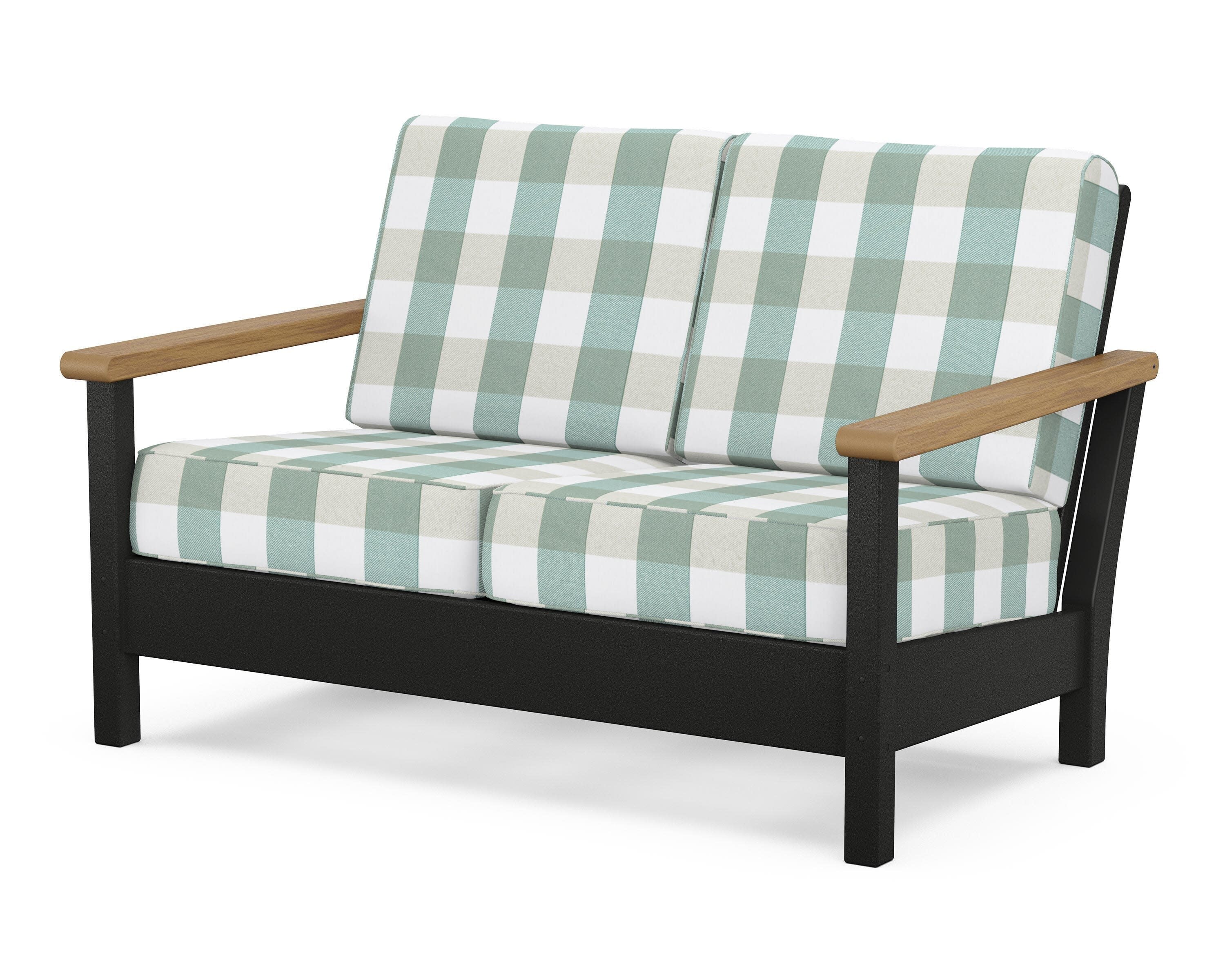 Harbour Deep Seating Loveseat in Black / Natural / Buffalo Plaid Glacier Spa