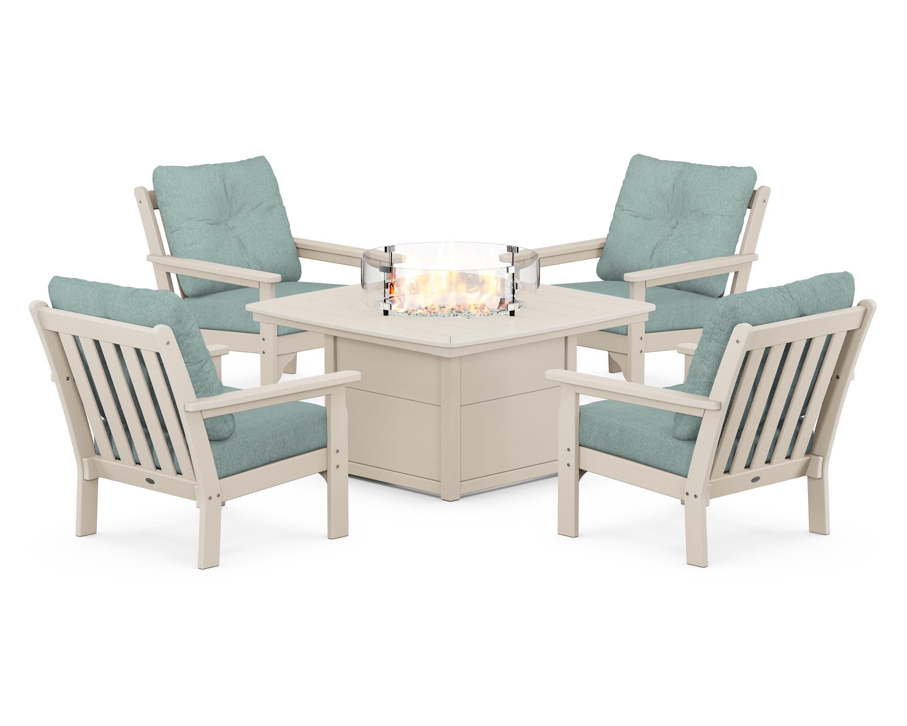 Vineyard 5-Piece Conversation Set with Fire Pit Table in Sand / Glacier Spa