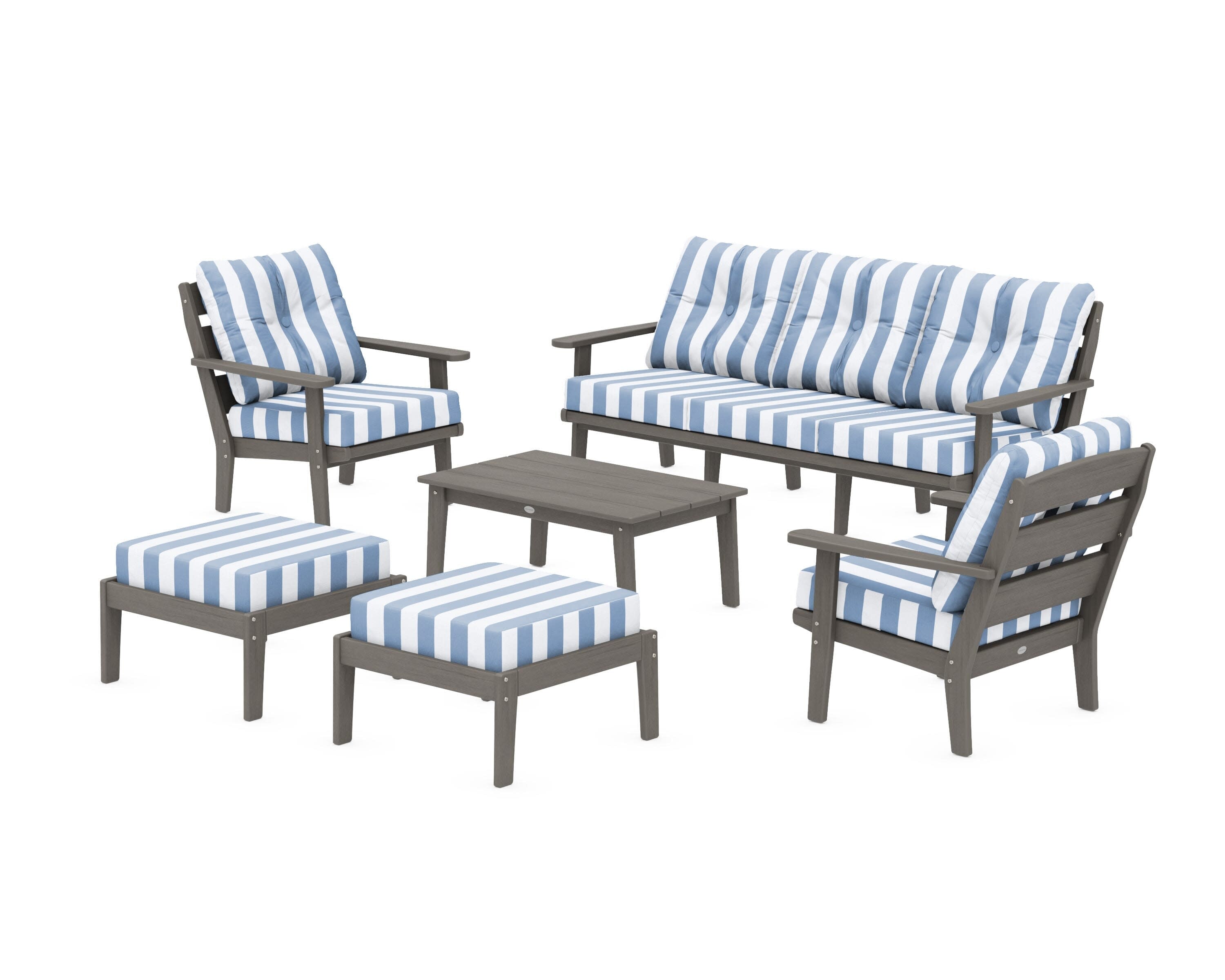Lakeside 6-Piece Lounge Sofa Set in Driftwood / Cabana Stripe Sky Blue