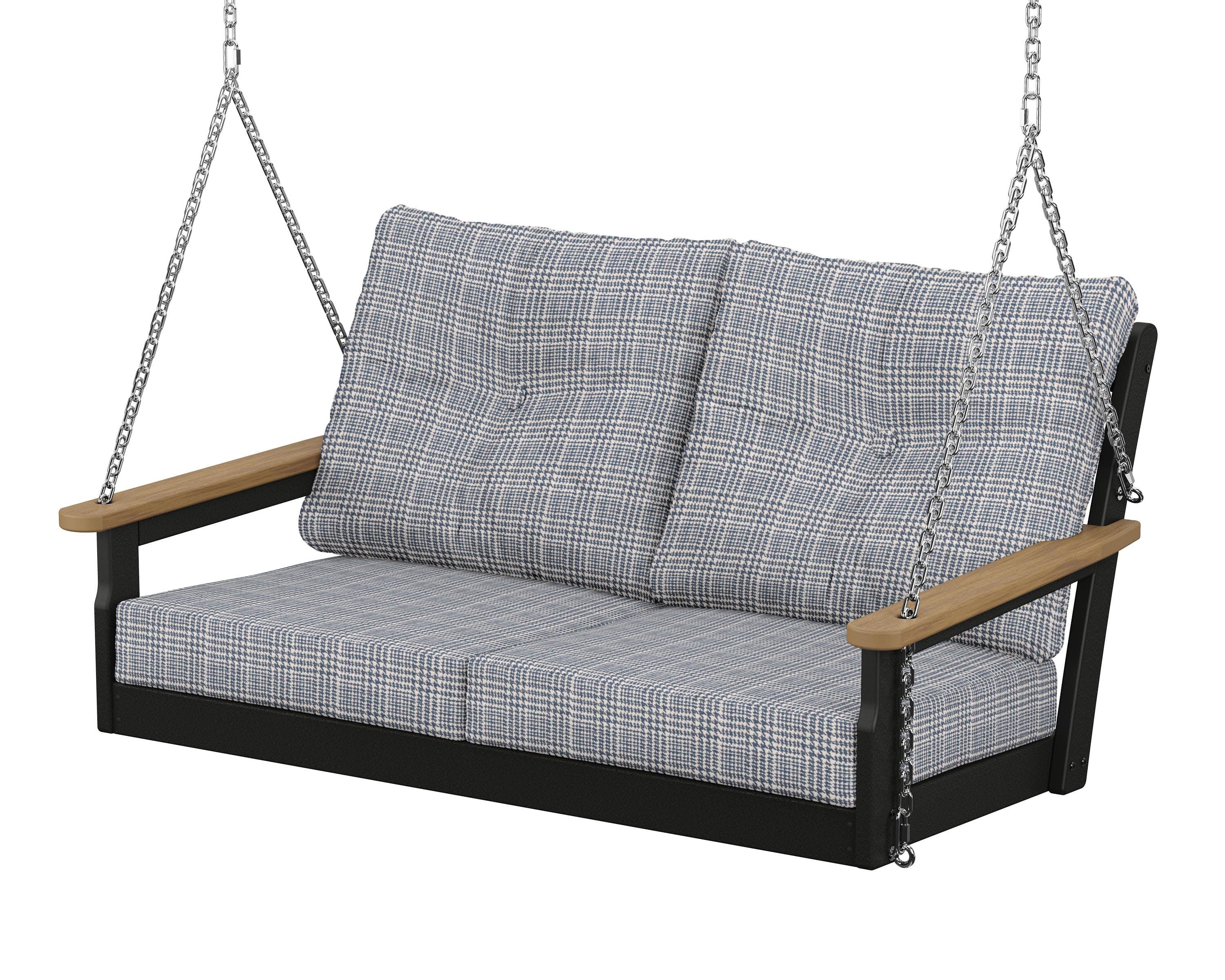 Vineyard Deep Seating Swing in Black / Natural / Houndstooth Sky Blue