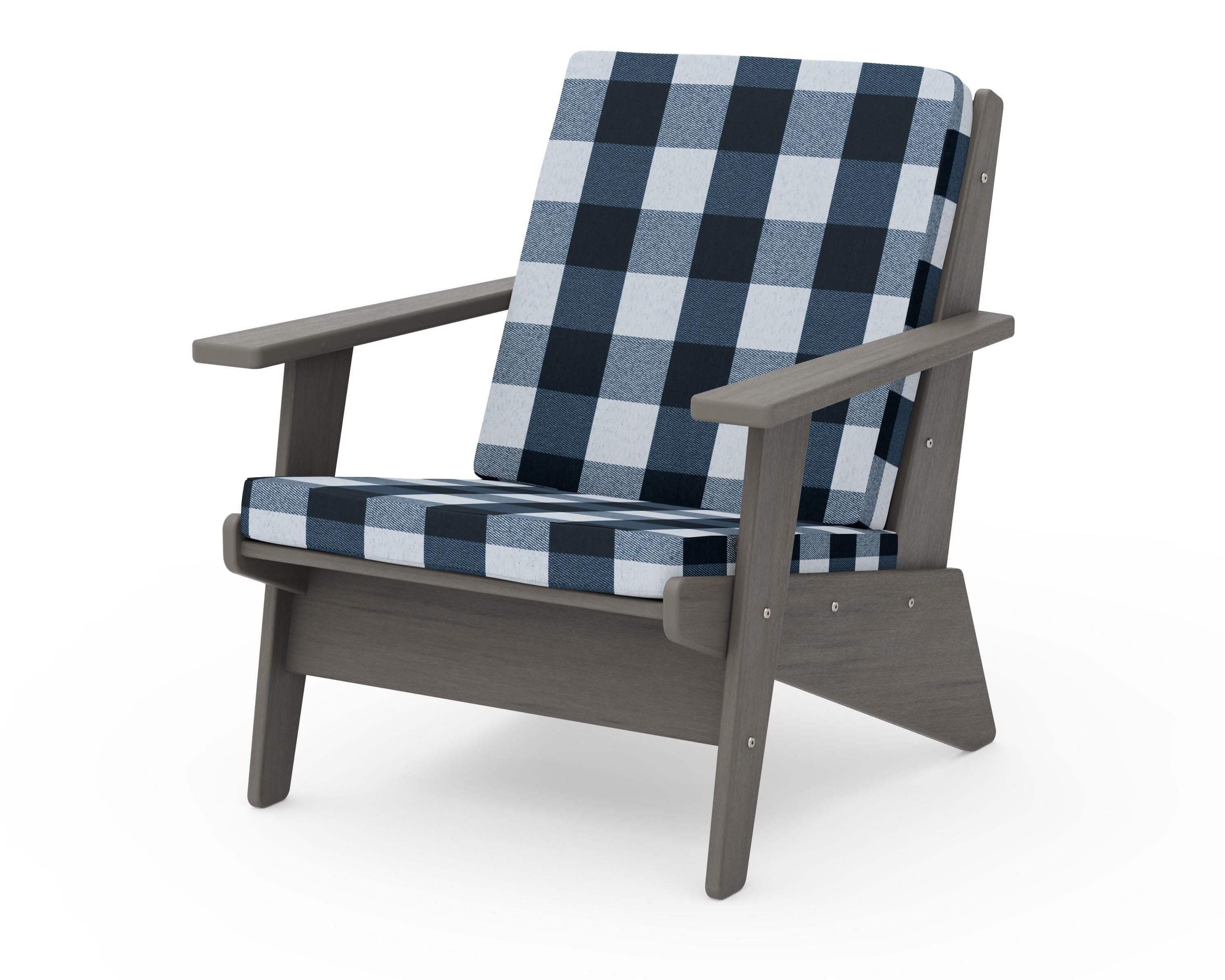Riviera Modern Lounge Chair in Driftwood / Buffalo Plaid Marine Indigo