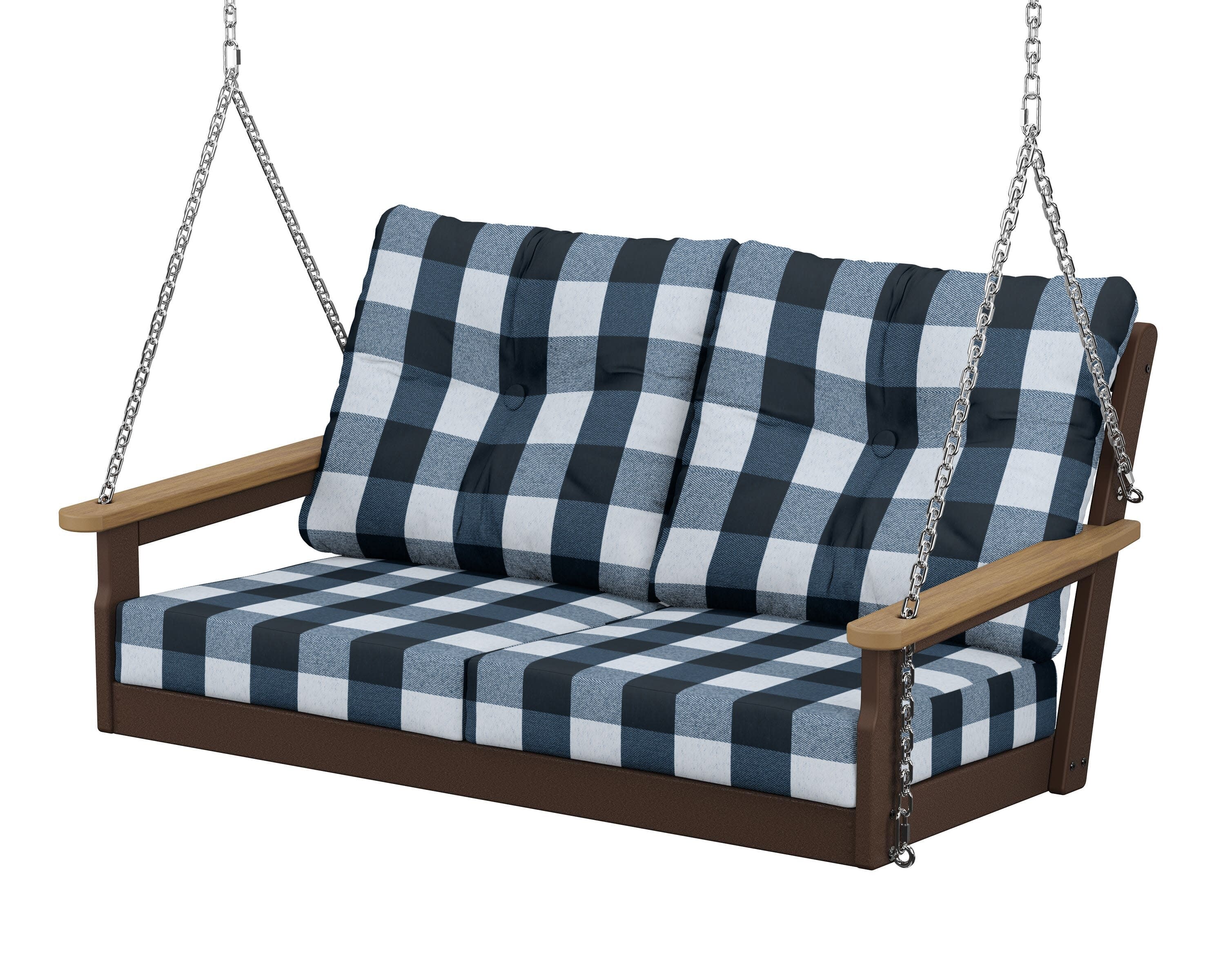 Vineyard Deep Seating Swing in Mahogany / Natural / Buffalo Plaid Marine Indigo