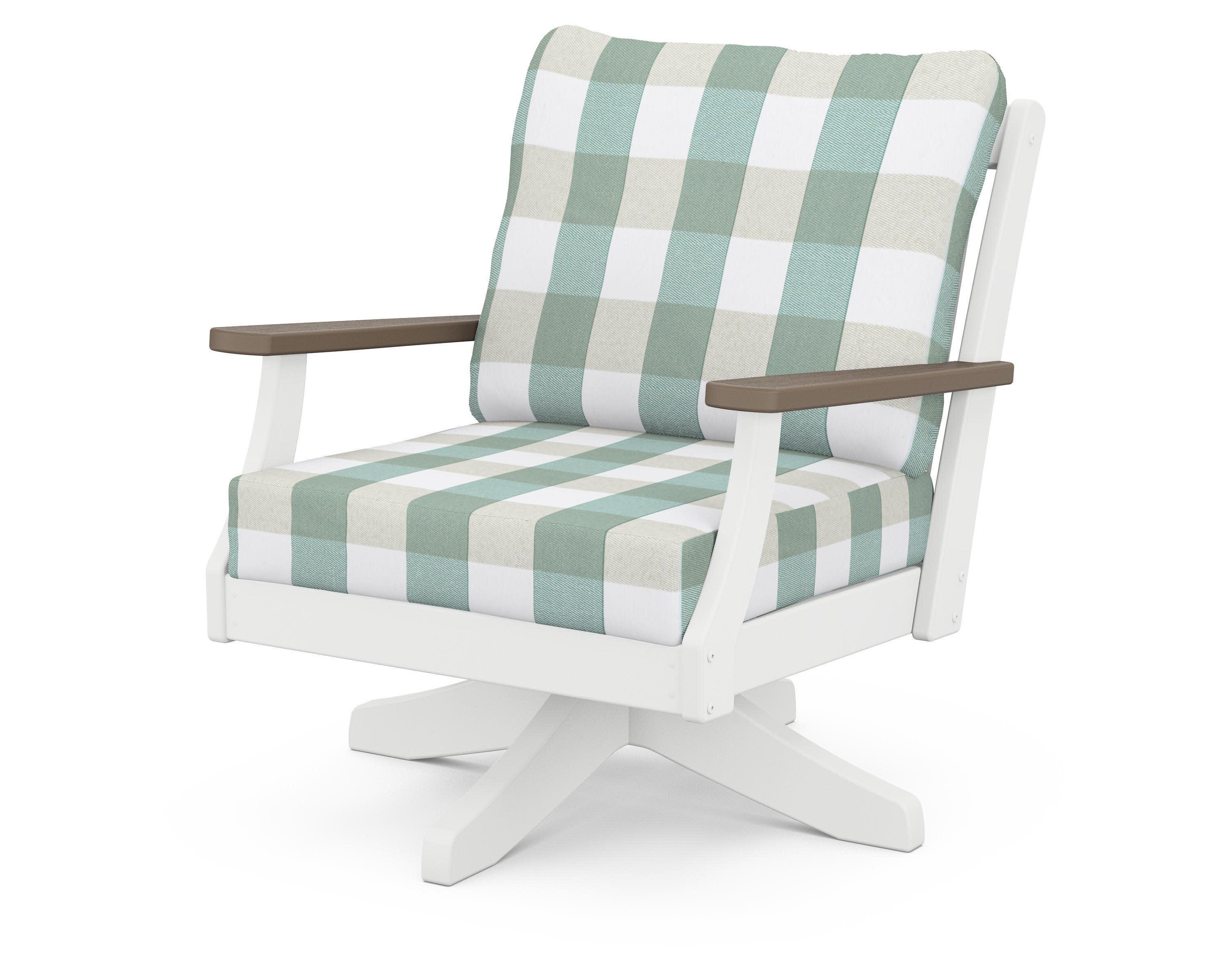 Braxton Deep Seating Swivel Chair in White / Kona / Buffalo Plaid Glacier Spa