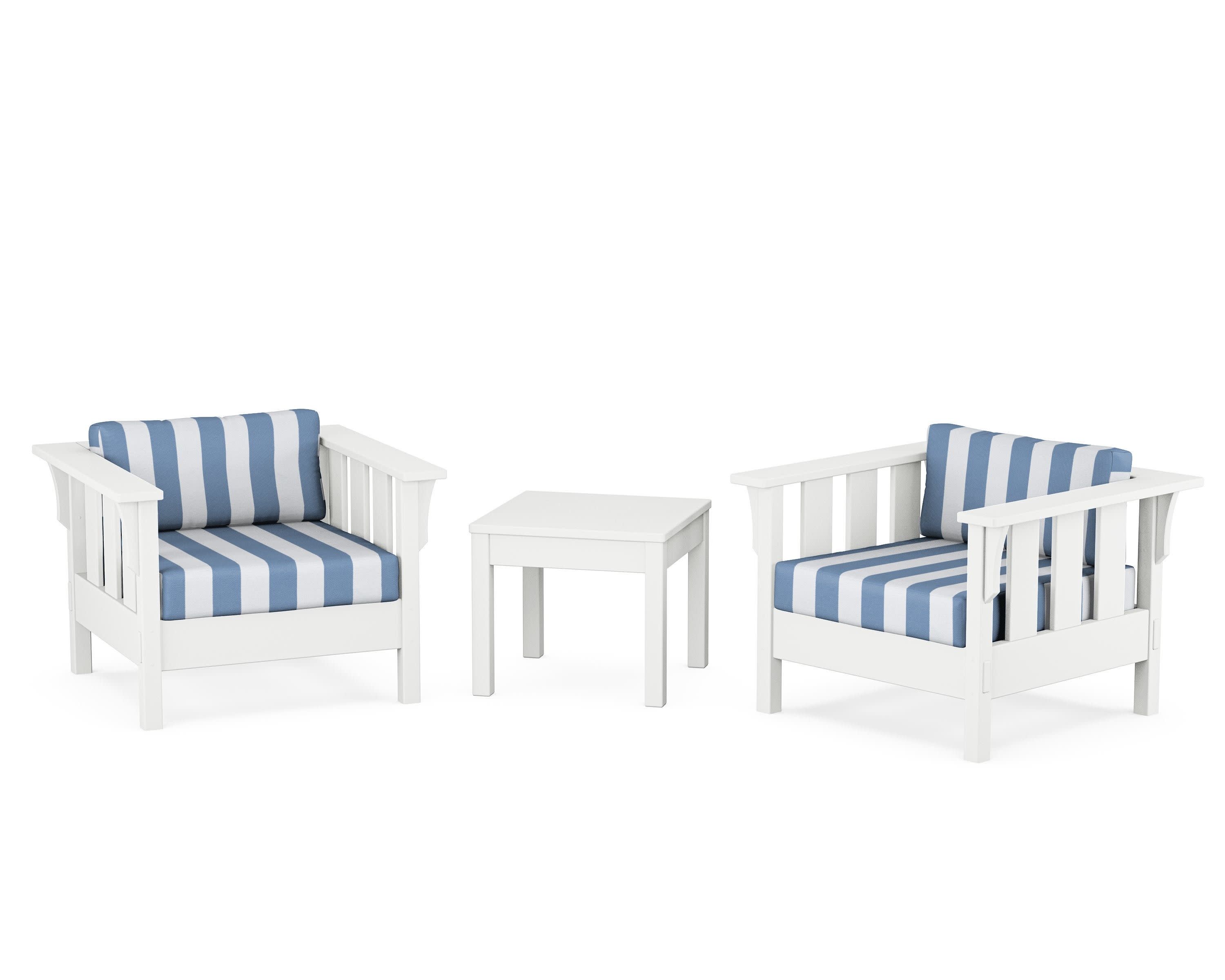 Acadia 3-Piece Deep Seating Set in White / Cabana Stripe Sky Blue