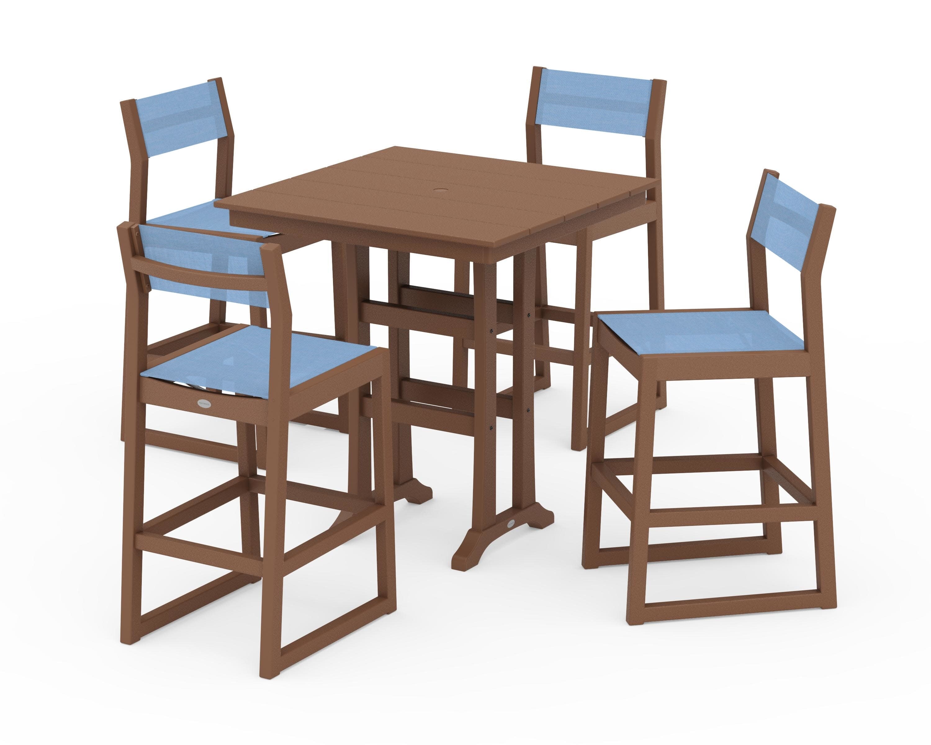 EDGE Sling Arm Chair 5-Piece Farmhouse Bar Set with Trestle Legs in Teak / Poolside Sling