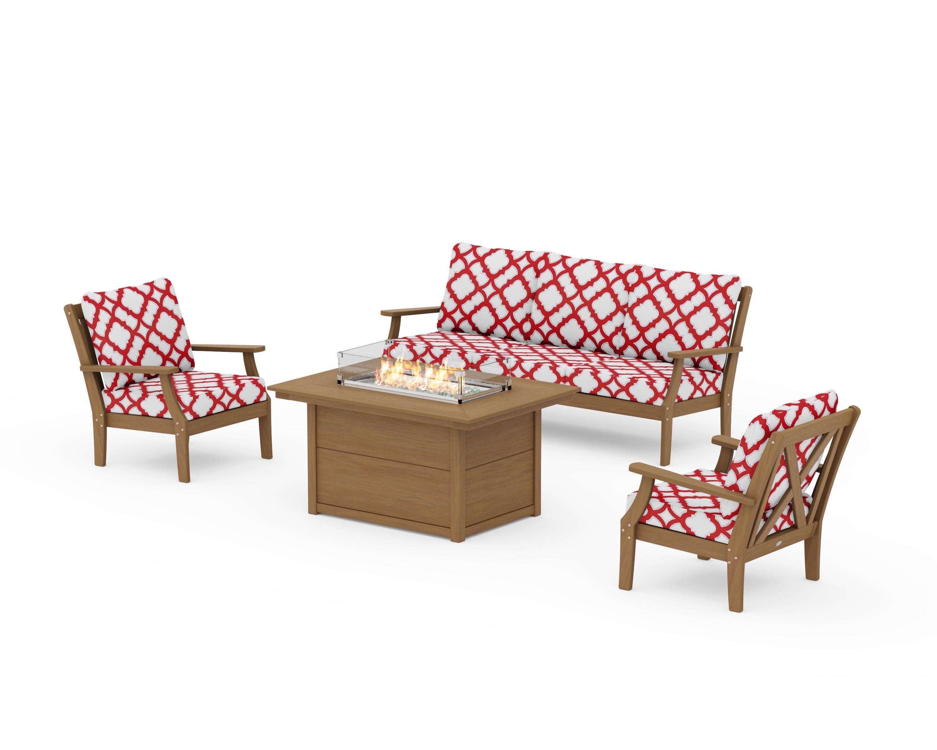 Braxton Deep Seating Fire Pit Table Set in Natural / Trellis Crimson